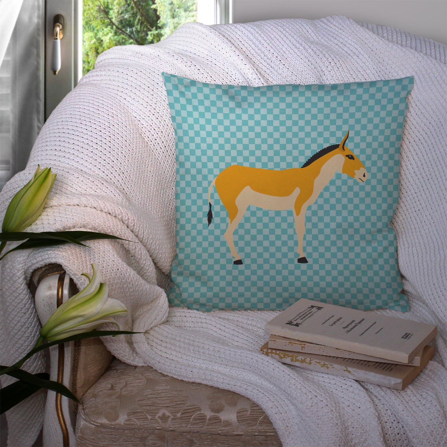 Turkmenian Kulan Donkey Blue Check Decorative Throw Pillow 14x14 Indoor Outdoor Accent Cushion, Fabric Cover with Insert for Sofa, Bed, Porch & Living Room