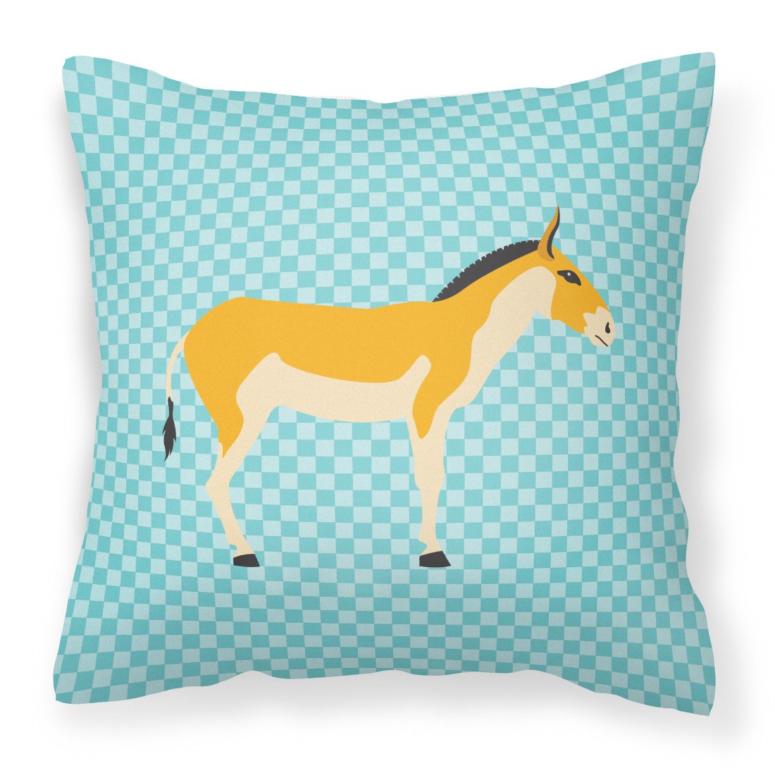 Turkmenian Kulan Donkey Blue Check Decorative Throw Pillow 18x18 Indoor Outdoor Accent Cushion, Fabric Cover with Insert for Sofa, Bed, Porch & Living Room