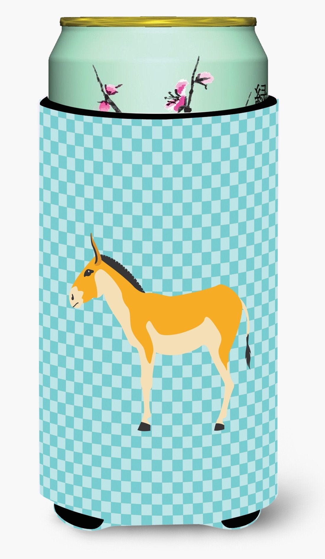 Turkmenian Kulan Donkey Blue Check Tall Boy Hugger Can Cooler Sleeve Machine Washable Drink Collapsible Insulator Beverage Insulated Holder
