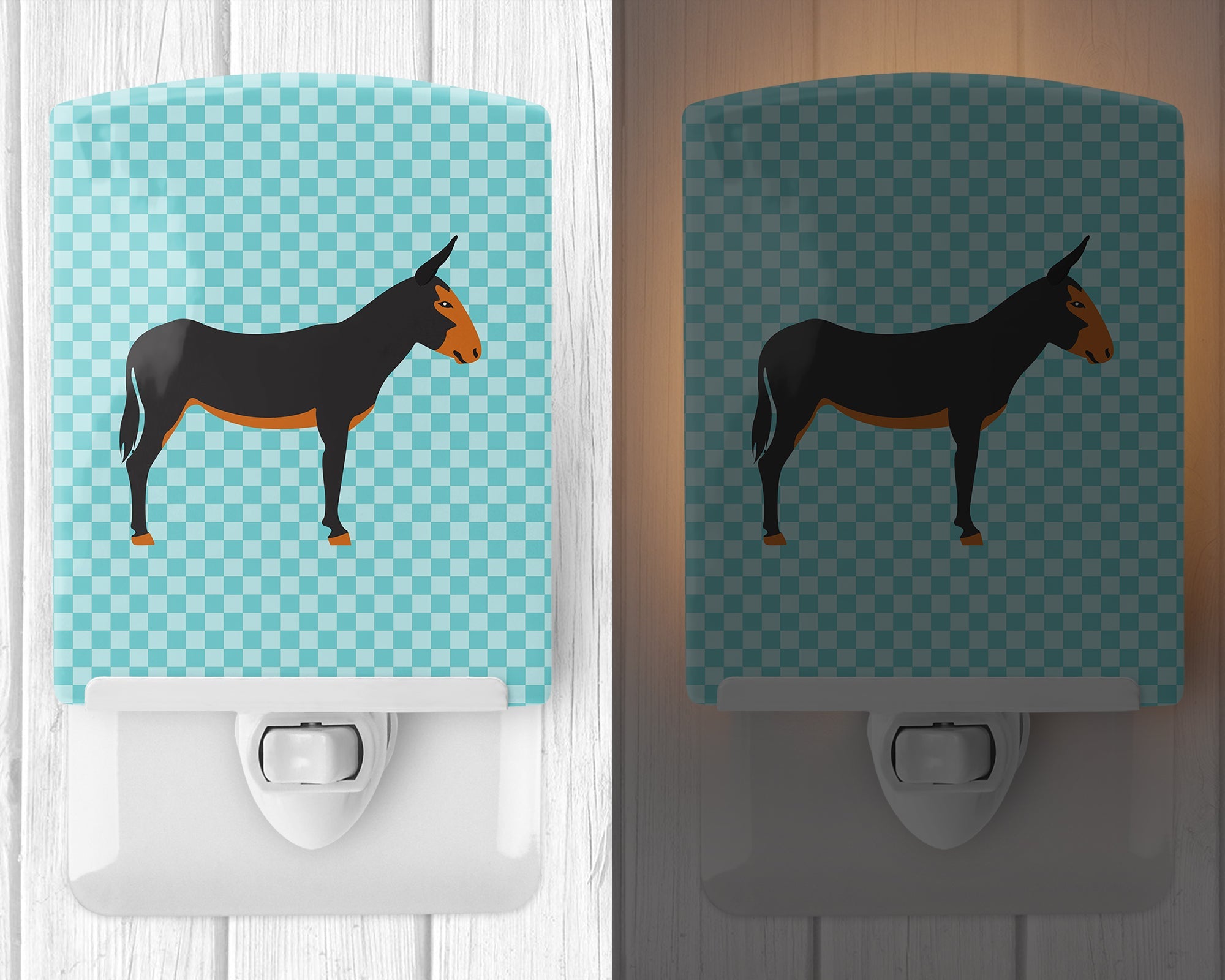 Catalan Donkey Blue Check Ceramic Night Light Compact, UL-Certified, Ideal for Bedroom, Bathroom, Nursery, Hallway, Kitchen, 6x4x3, Multicolor