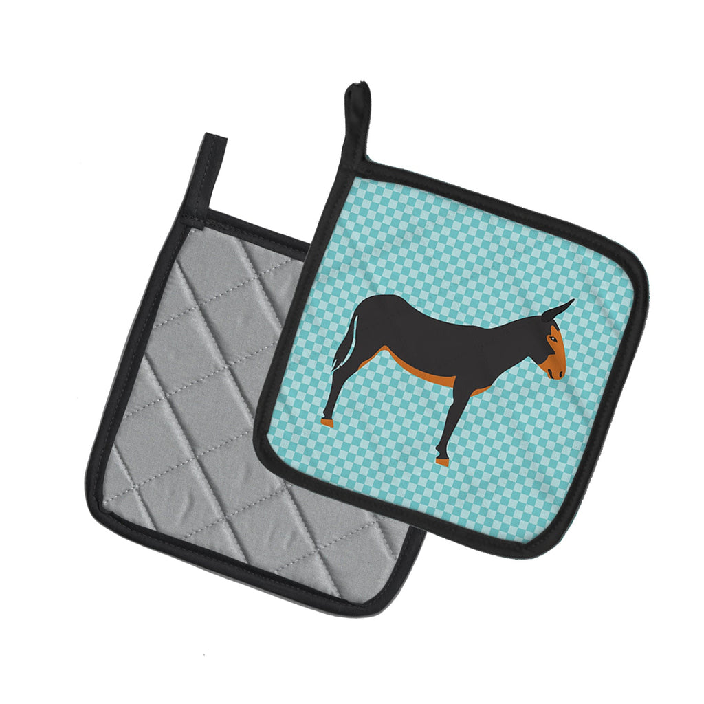 Catalan Donkey Blue Check Pot Holder Set of 2 Heat Resistant Quilted Hot Pads 7.5 x 7.5 Inch, Insulated Kitchen Trivets for Cooking & Baking