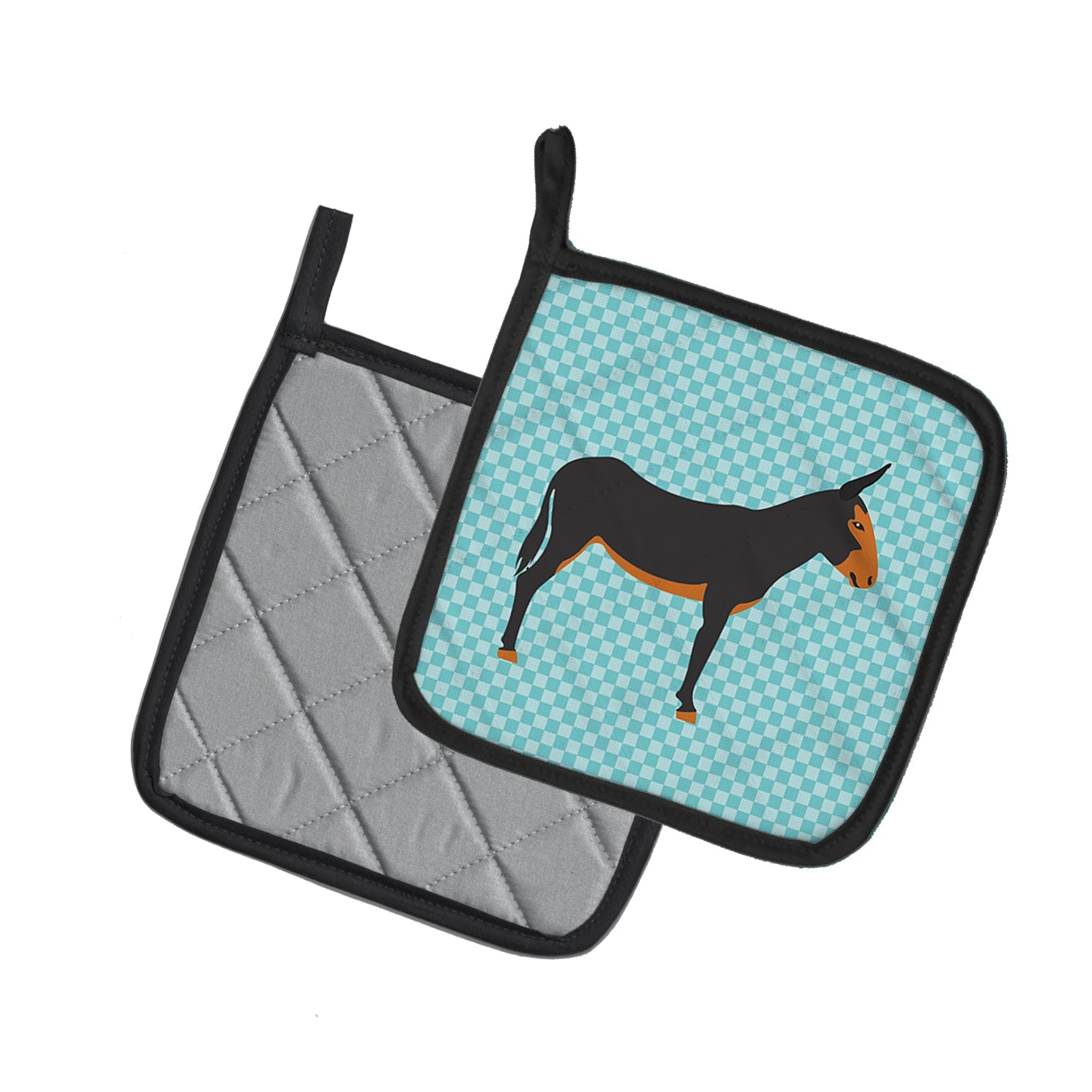 Catalan Donkey Blue Check Pot Holder Set of 2 Heat Resistant Quilted Hot Pads 7.5 x 7.5 Inch, Insulated Kitchen Trivets for Cooking & Baking