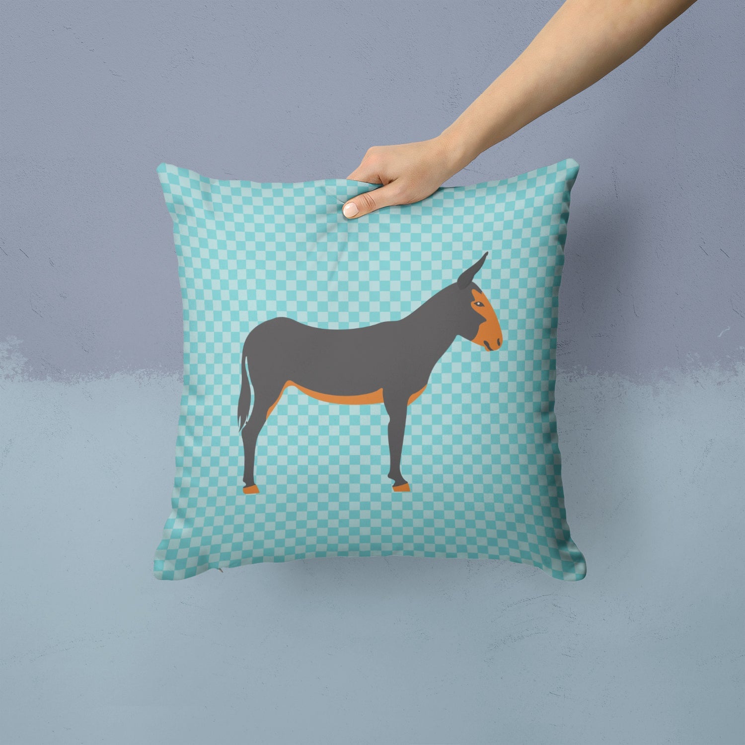 Catalan Donkey Blue Check Decorative Throw Pillow 14x14 Indoor Outdoor Accent Cushion, Fabric Cover with Insert for Sofa, Bed, Porch & Living Room