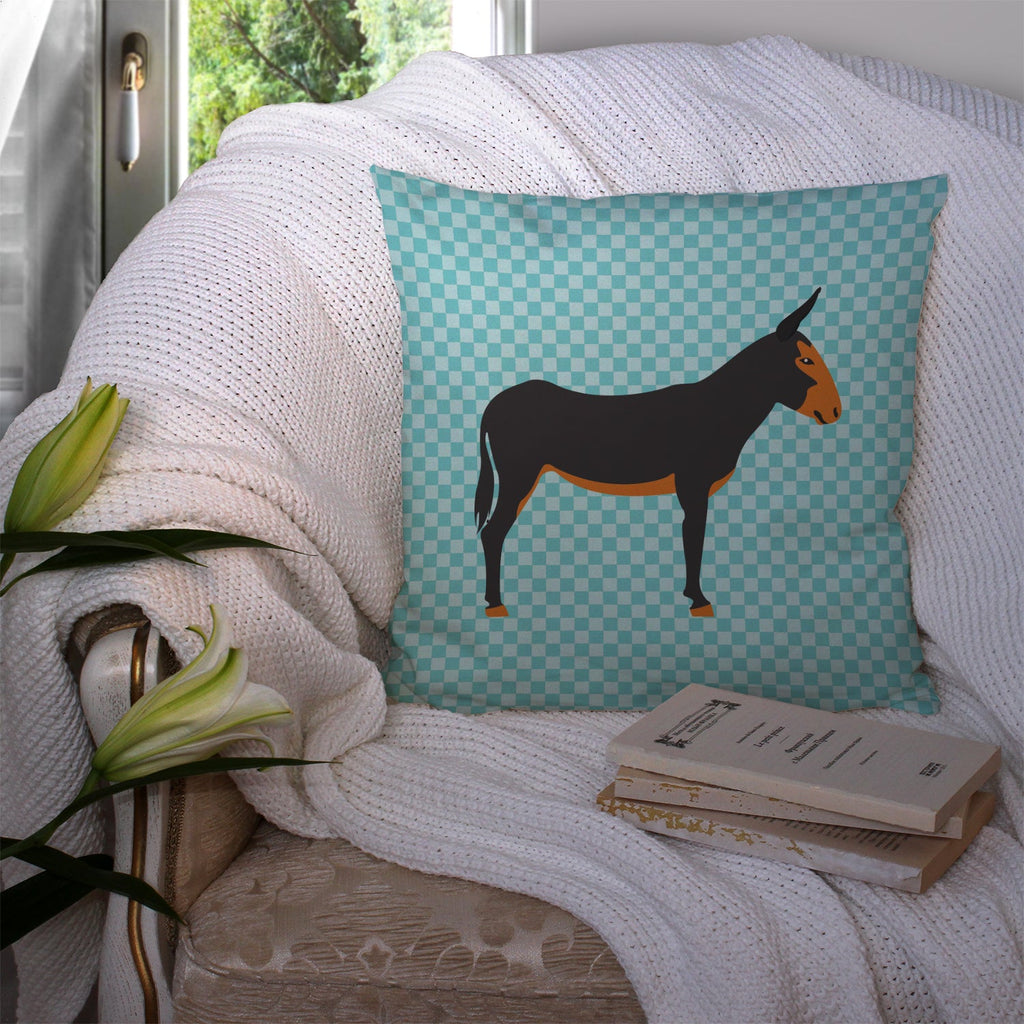 Catalan Donkey Blue Check Decorative Throw Pillow 14x14 Indoor Outdoor Accent Cushion, Fabric Cover with Insert for Sofa, Bed, Porch & Living Room