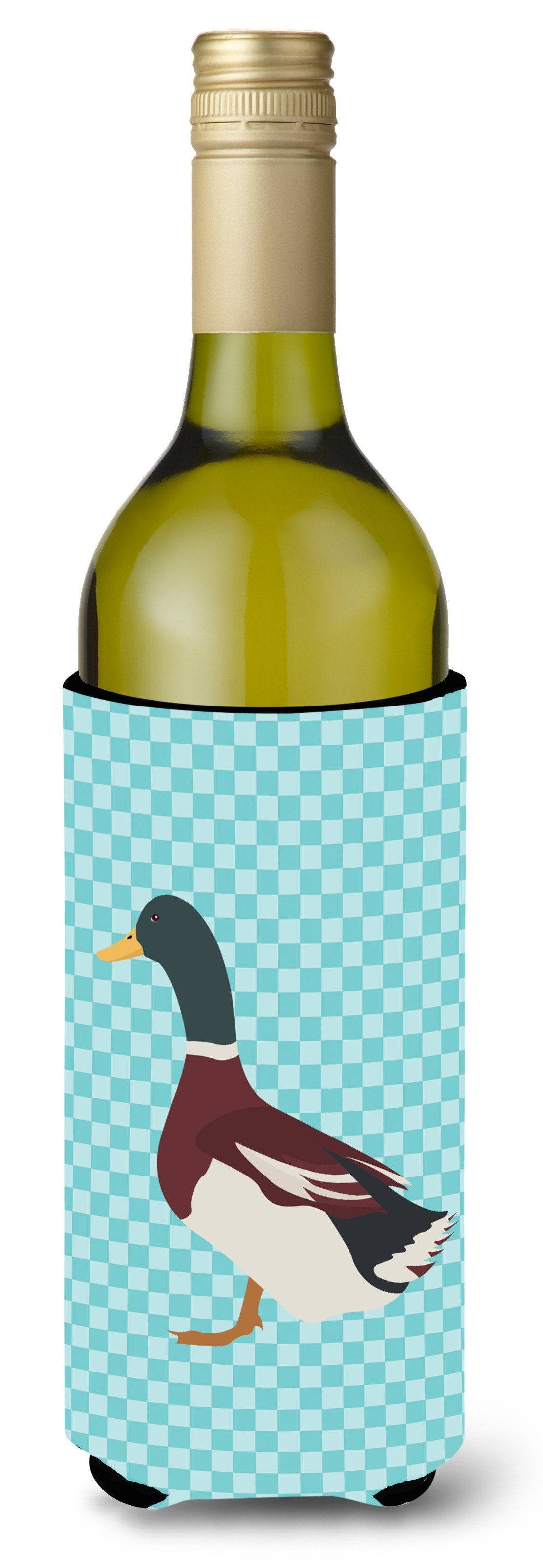 Rouen Duck Blue Check Wine Bottle Hugger Gift Sleeve for Standard 750 ml Bottles, Insulated Reusable Also Fits Mini Shot & Pint Bottles