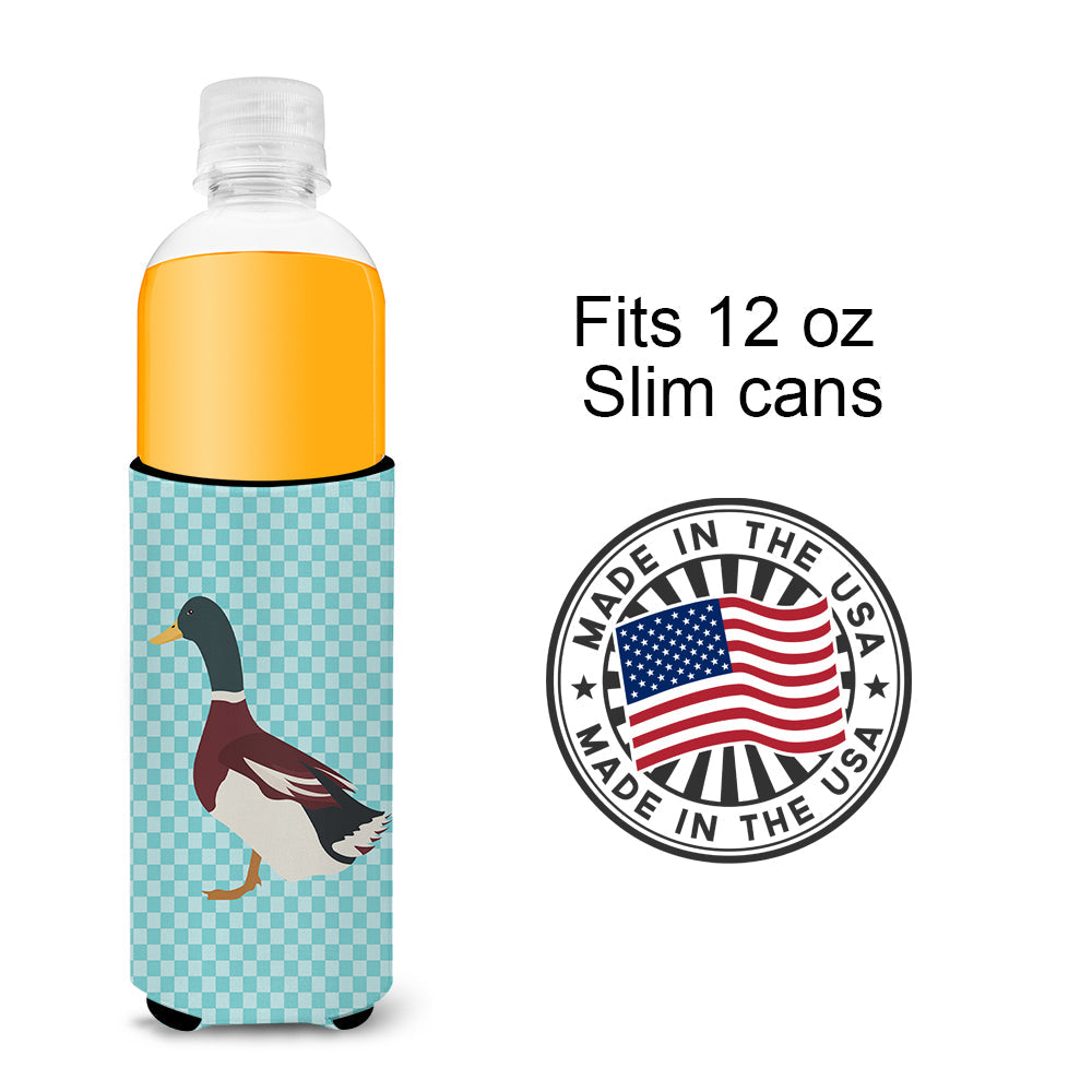 Rouen Duck Blue Check Slim Can Hugger , Insulated Foam Hugger for 12 oz Slim Cans, Beer Bottles & Water Bottles, Printed in USA