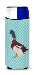 Rouen Duck Blue Check Slim Can Hugger , Insulated Foam Hugger for 12 oz Slim Cans, Beer Bottles & Water Bottles, Printed in USA