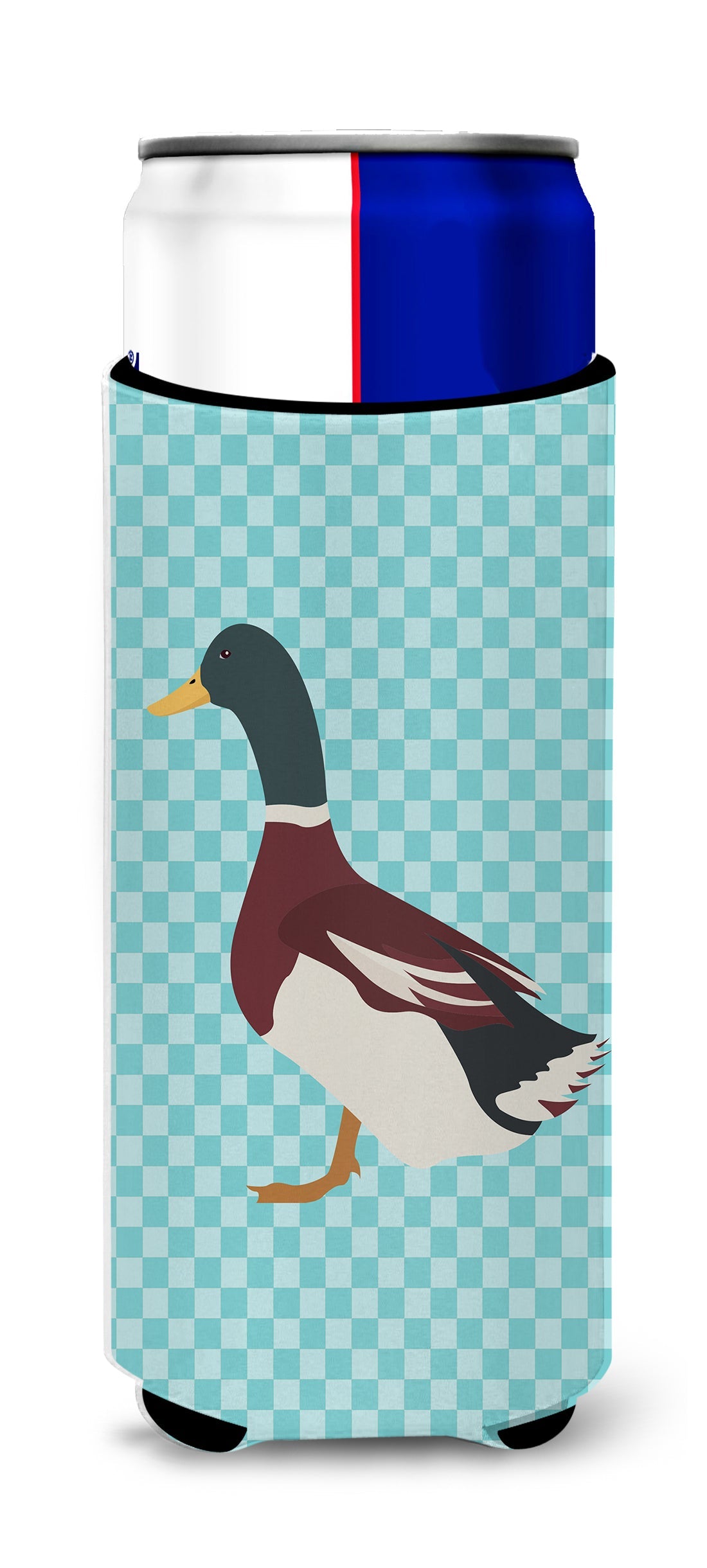 Rouen Duck Blue Check Slim Can Hugger , Insulated Foam Hugger for 12 oz Slim Cans, Beer Bottles & Water Bottles, Printed in USA