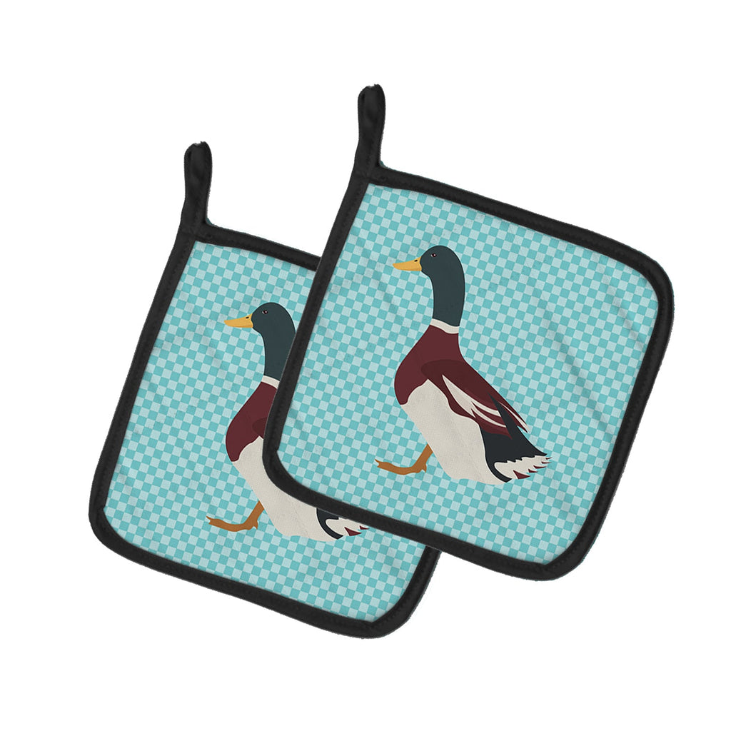 Rouen Duck Blue Check Pot Holder Set of 2 Heat Resistant Quilted Hot Pads 7.5 x 7.5 Inch, Insulated Kitchen Trivets for Cooking & Baking