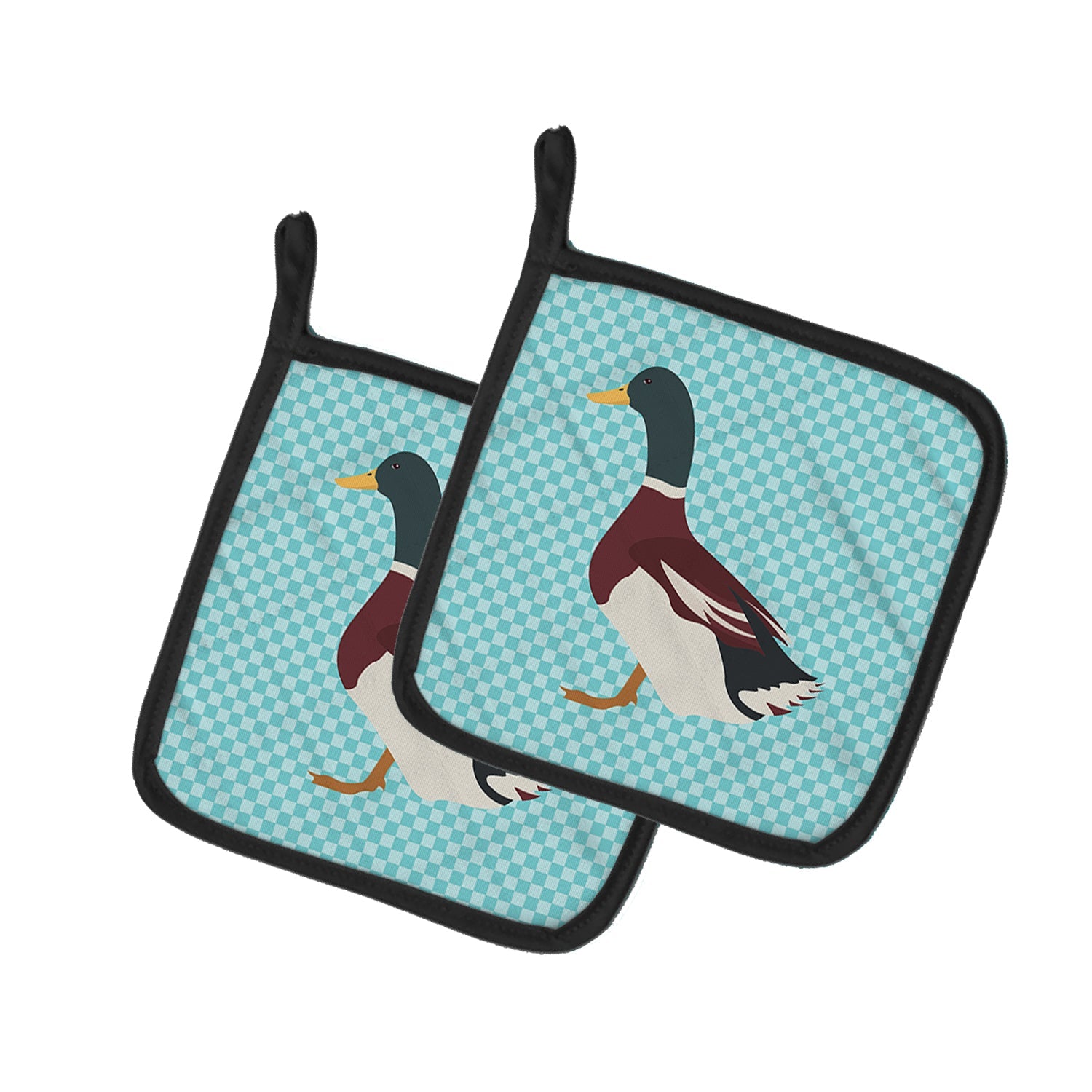 Rouen Duck Blue Check Pot Holder Set of 2 Heat Resistant Quilted Hot Pads 7.5 x 7.5 Inch, Insulated Kitchen Trivets for Cooking & Baking