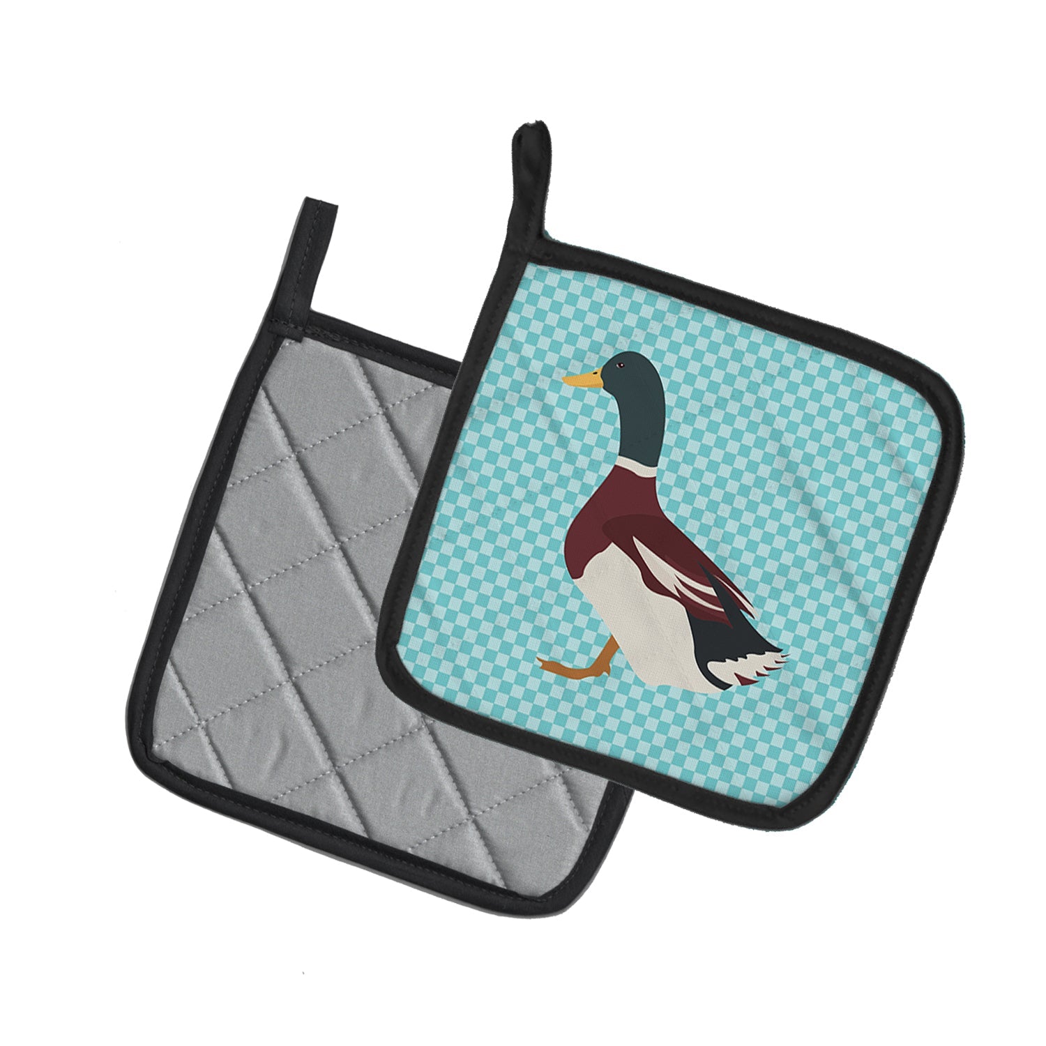 Rouen Duck Blue Check Pot Holder Set of 2 Heat Resistant Quilted Hot Pads 7.5 x 7.5 Inch, Insulated Kitchen Trivets for Cooking & Baking