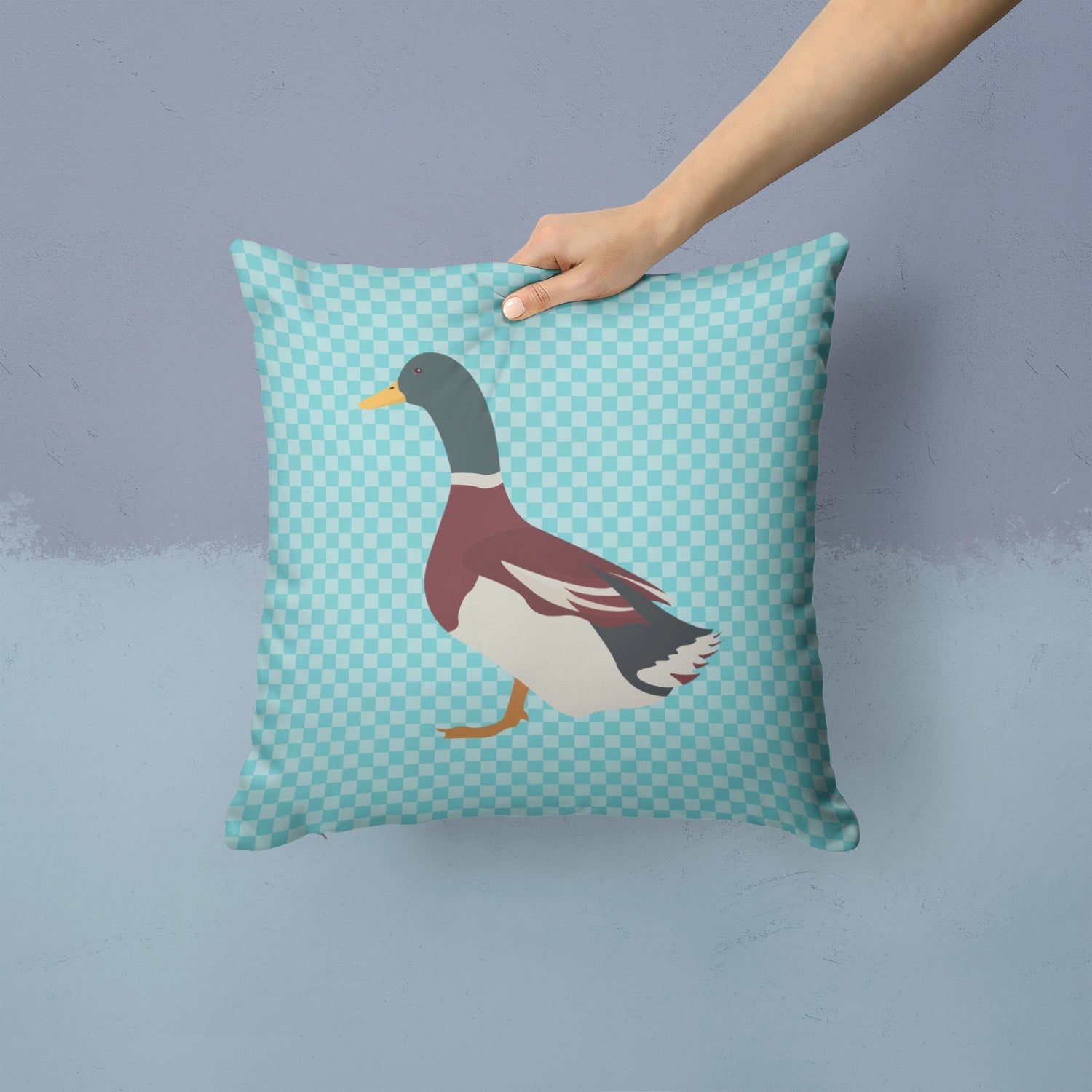 Rouen Duck Blue Check Decorative Throw Pillow 14x14 Indoor Outdoor Accent Cushion, Fabric Cover with Insert for Sofa, Bed, Porch & Living Room