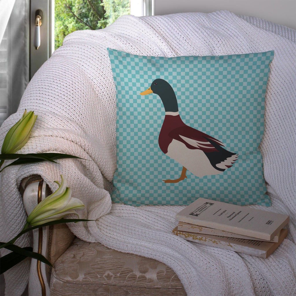 Rouen Duck Blue Check Decorative Throw Pillow 14x14 Indoor Outdoor Accent Cushion, Fabric Cover with Insert for Sofa, Bed, Porch & Living Room