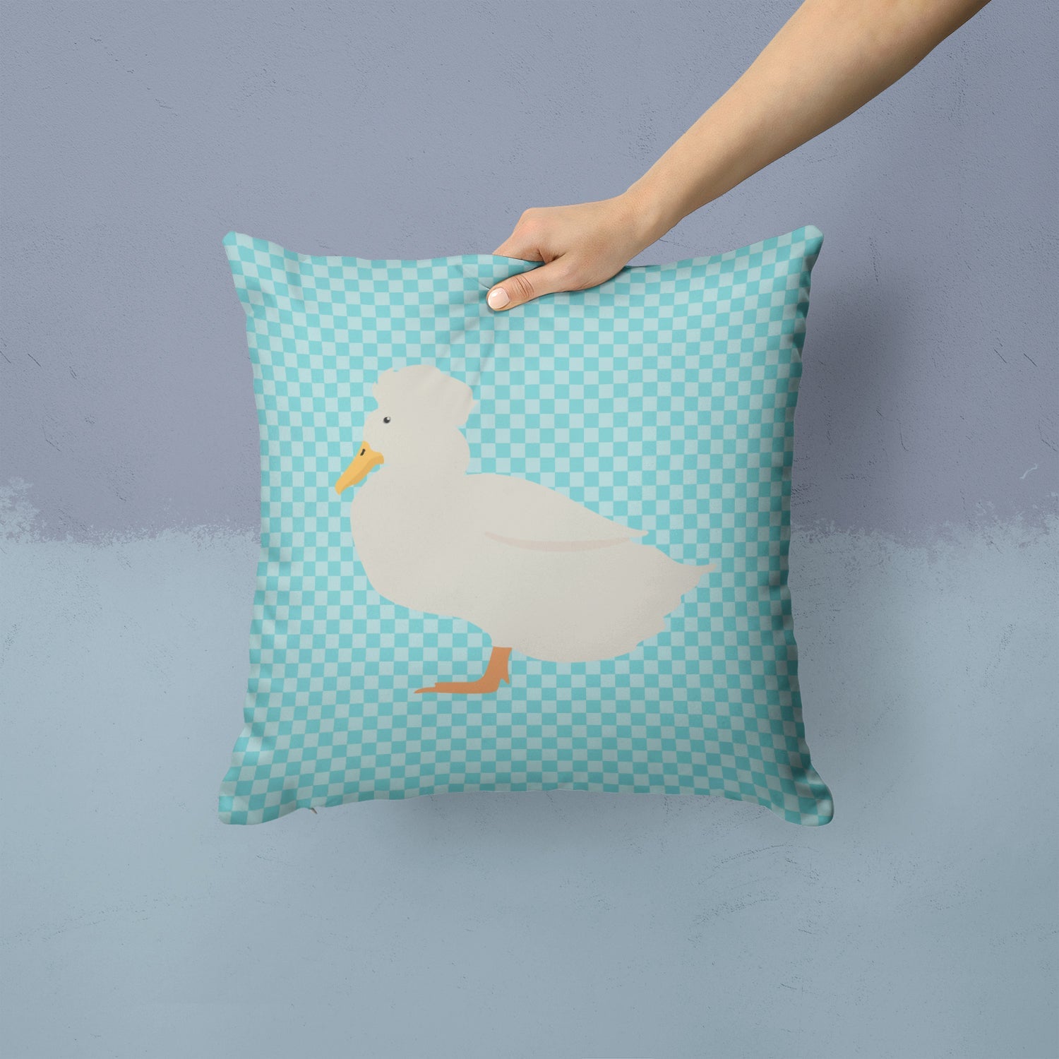 Crested Duck Blue Check Decorative Throw Pillow 14x14 Indoor Outdoor Accent Cushion, Fabric Cover with Insert for Sofa, Bed, Porch & Living Room