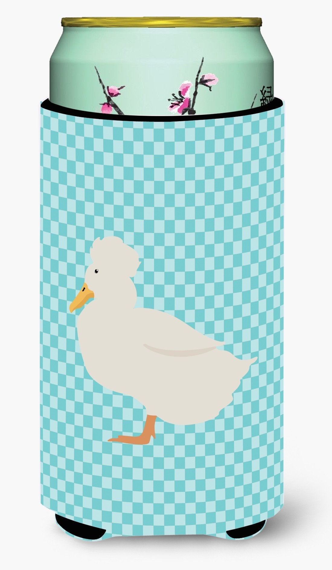 Crested Duck Blue Check Tall Boy Hugger Can Cooler Sleeve Machine Washable Drink Collapsible Insulator Beverage Insulated Holder