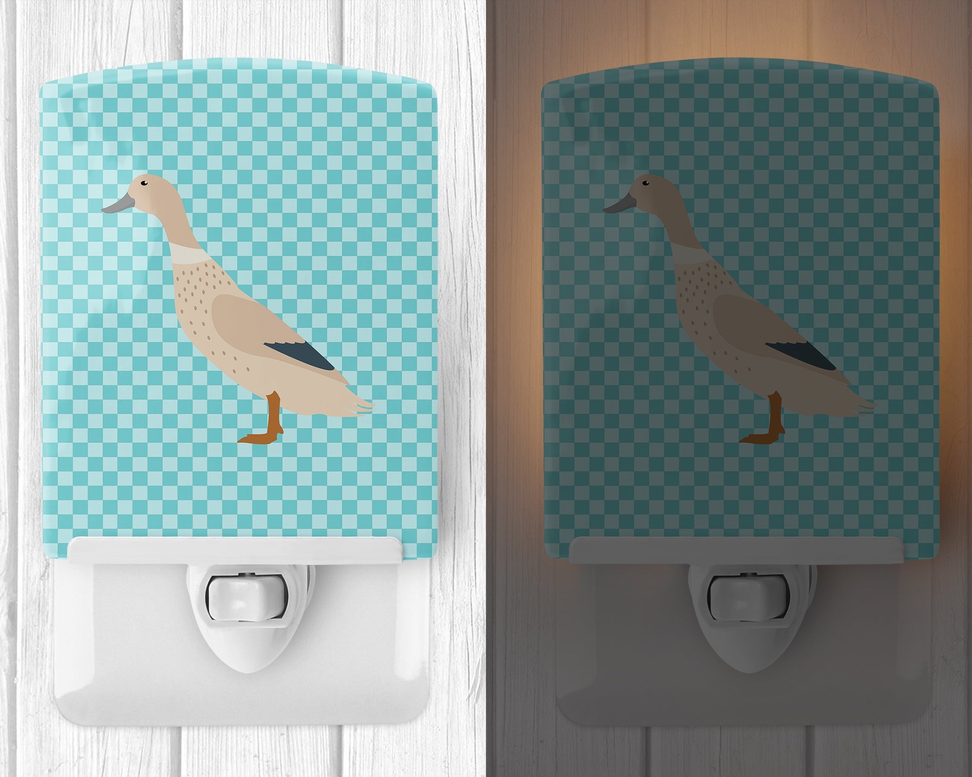 West Harlequin Duck Blue Check Ceramic Night Light Compact, UL-Certified, Ideal for Bedroom, Bathroom, Nursery, Hallway, Kitchen, 6x4x3, Multicolor
