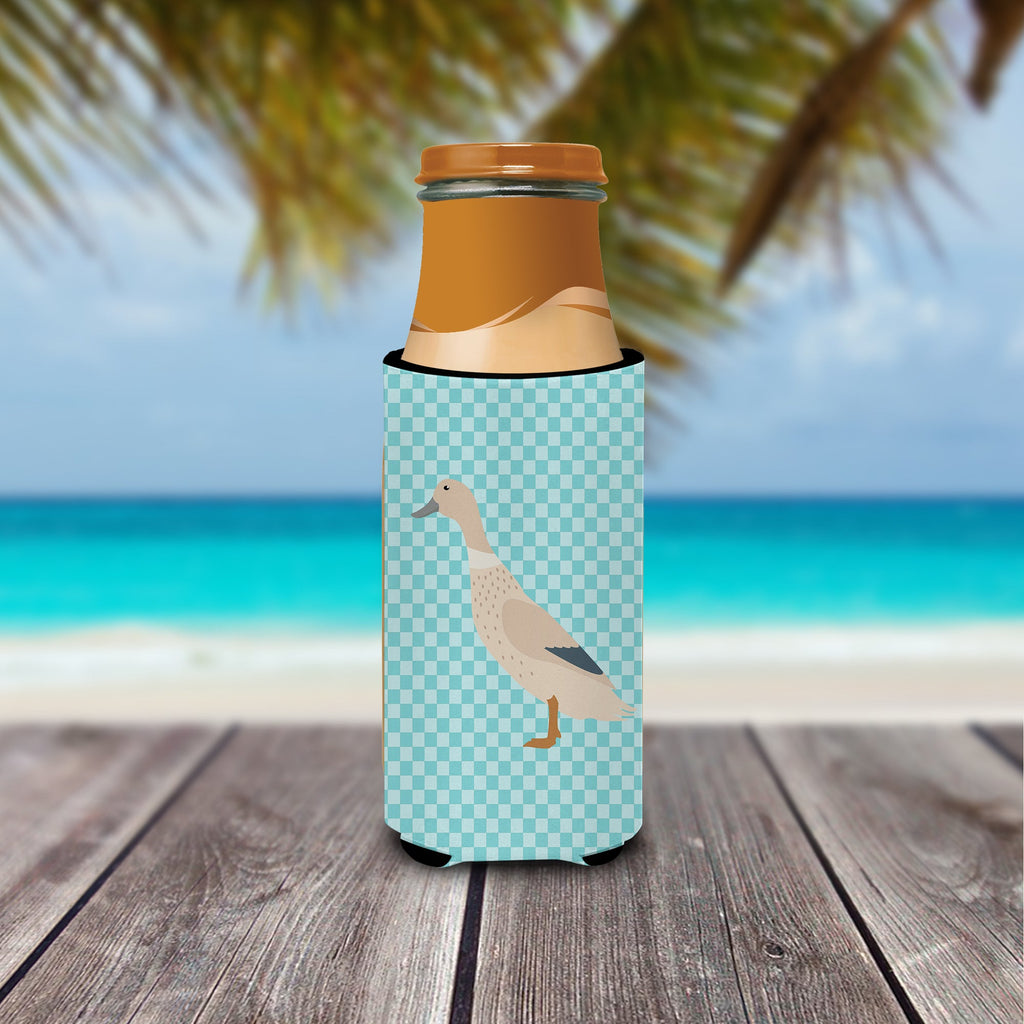 West Harlequin Duck Blue Check Slim Can Hugger , Insulated Foam Hugger for 12 oz Slim Cans, Beer Bottles & Water Bottles, Printed in USA