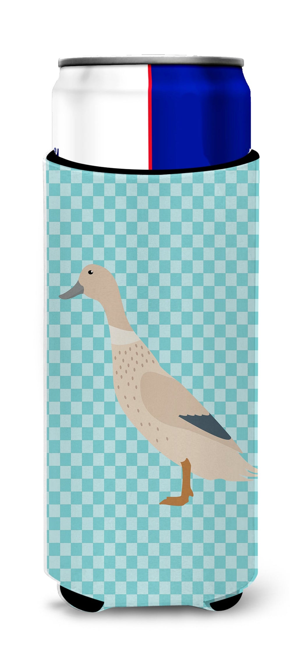 West Harlequin Duck Blue Check Slim Can Hugger , Insulated Foam Hugger for 12 oz Slim Cans, Beer Bottles & Water Bottles, Printed in USA