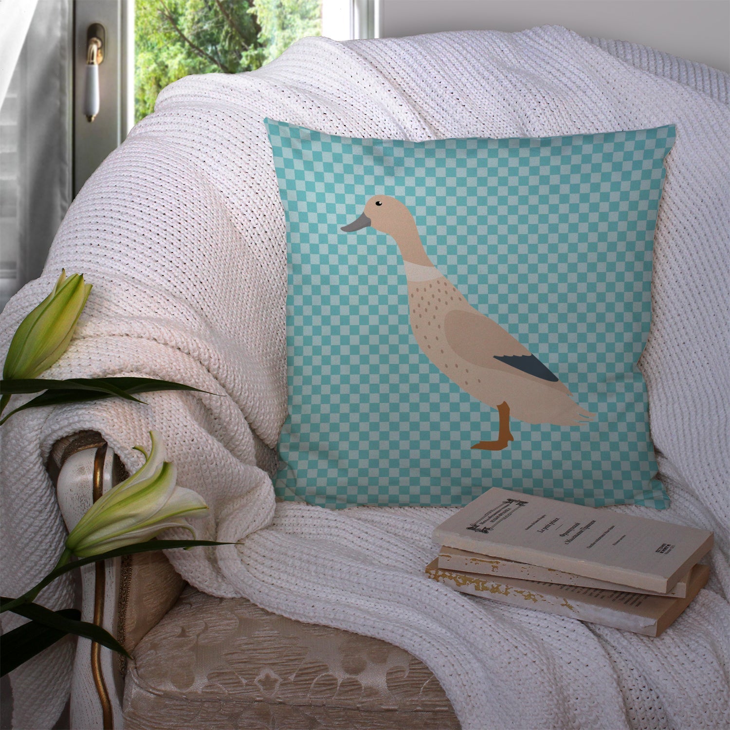 West Harlequin Duck Blue Check Decorative Throw Pillow 14x14 Indoor Outdoor Accent Cushion, Fabric Cover with Insert for Sofa, Bed, Porch & Living Room