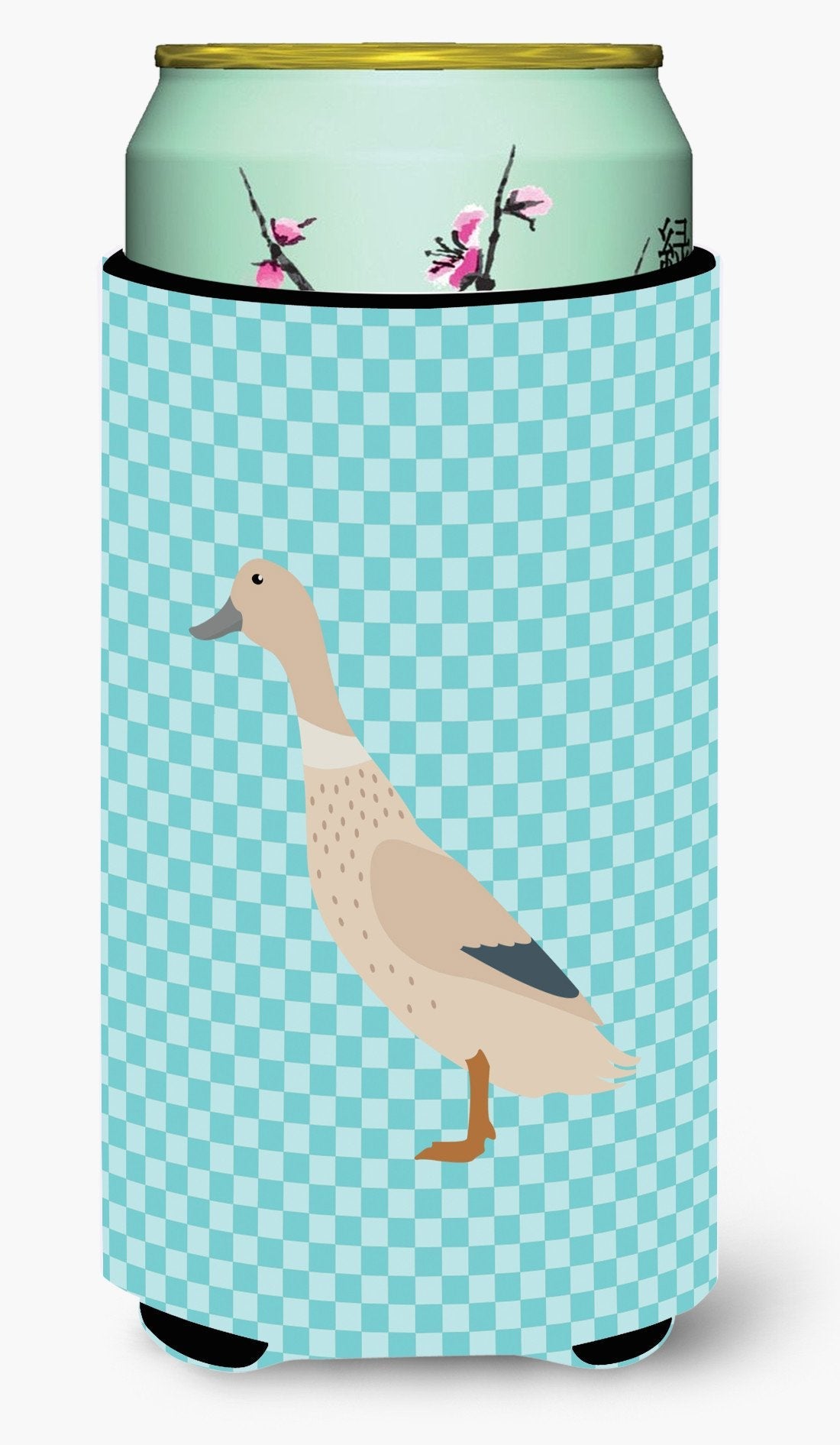 West Harlequin Duck Blue Check Tall Boy Hugger Can Cooler Sleeve Machine Washable Drink Collapsible Insulator Beverage Insulated Holder