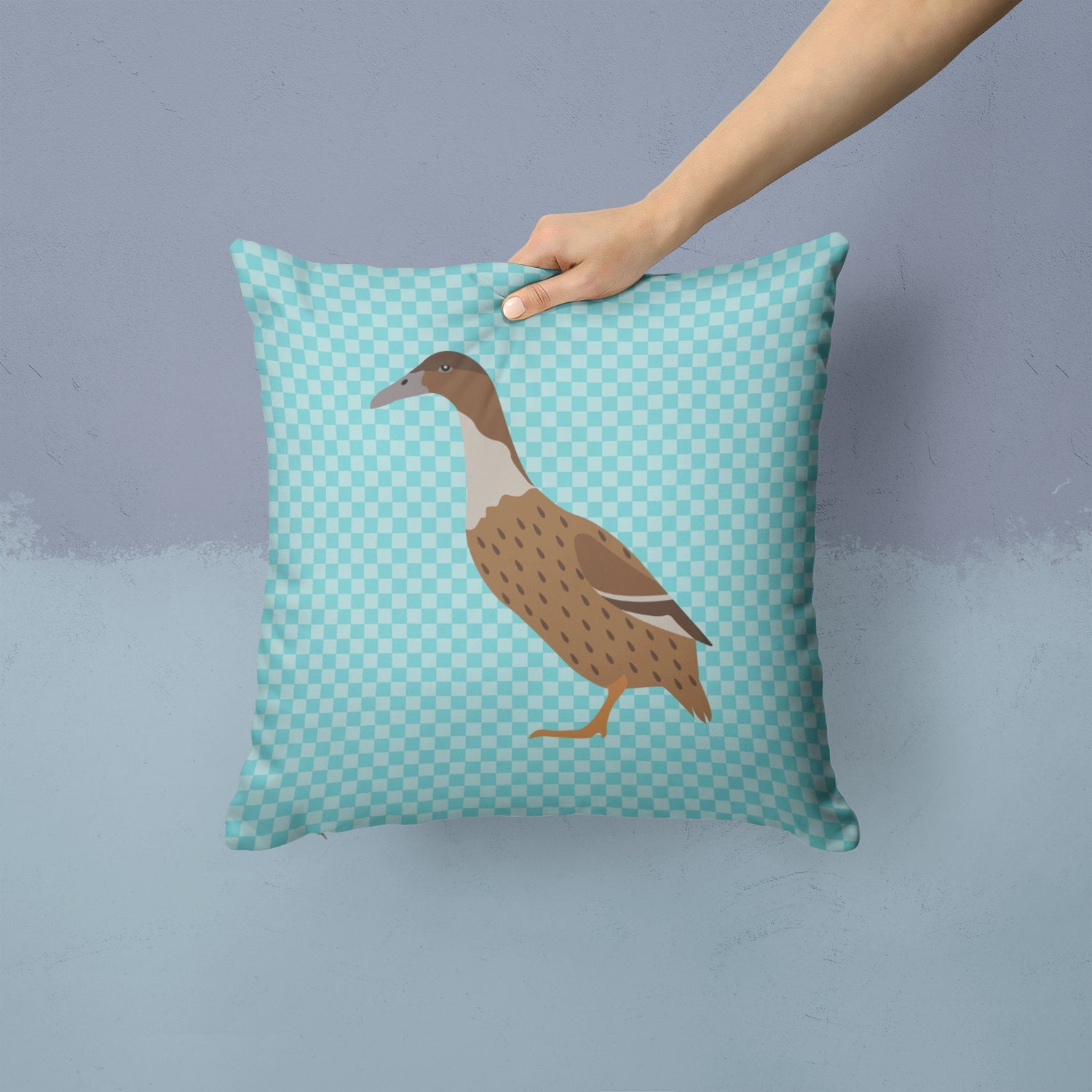 Dutch Hook Bill Duck Blue Check Decorative Throw Pillow 14x14 Indoor Outdoor Accent Cushion, Fabric Cover with Insert for Sofa, Bed, Porch & Living Room