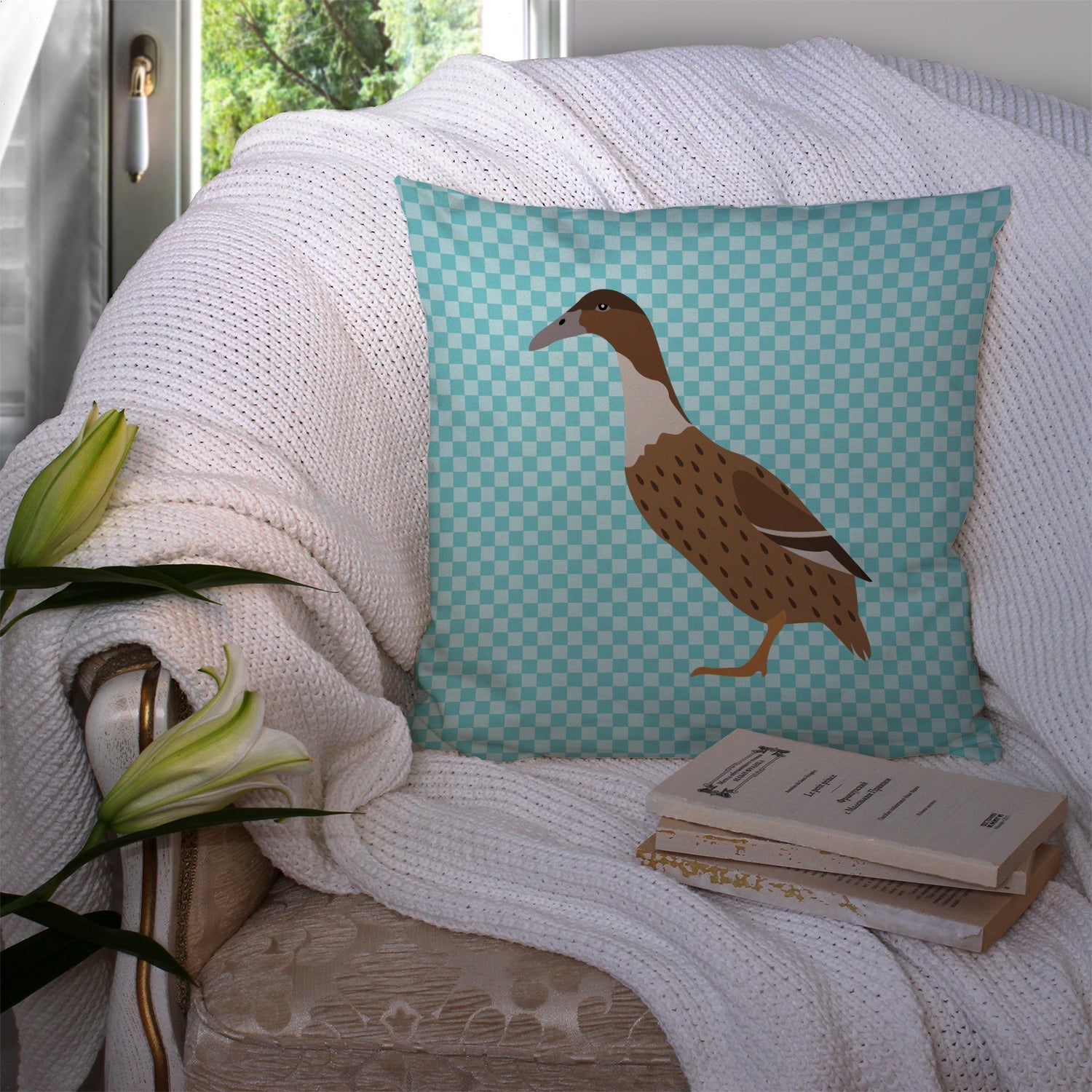 Dutch Hook Bill Duck Blue Check Decorative Throw Pillow 14x14 Indoor Outdoor Accent Cushion, Fabric Cover with Insert for Sofa, Bed, Porch & Living Room