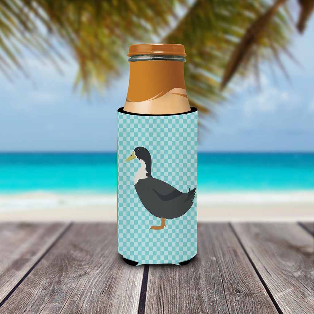 Blue Swedish Duck Blue Check Slim Can Hugger , Insulated Foam Hugger for 12 oz Slim Cans, Beer Bottles & Water Bottles, Printed in USA
