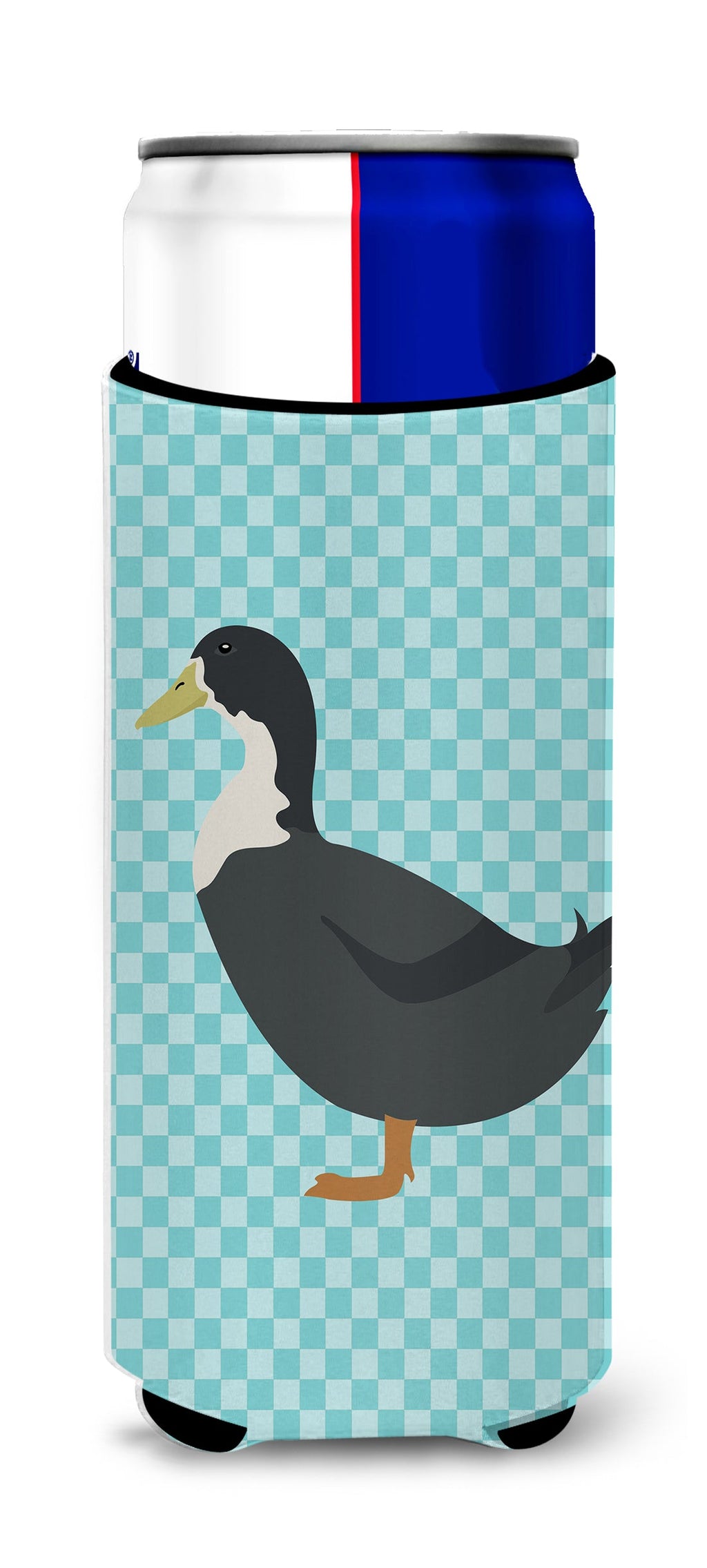 Blue Swedish Duck Blue Check Slim Can Hugger , Insulated Foam Hugger for 12 oz Slim Cans, Beer Bottles & Water Bottles, Printed in USA