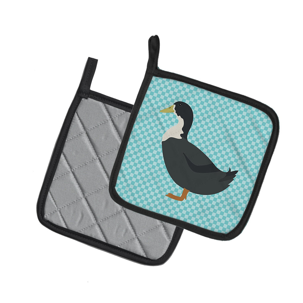 Blue Swedish Duck Blue Check Pot Holder Set of 2 Heat Resistant Quilted Hot Pads 7.5 x 7.5 Inch, Insulated Kitchen Trivets for Cooking & Baking