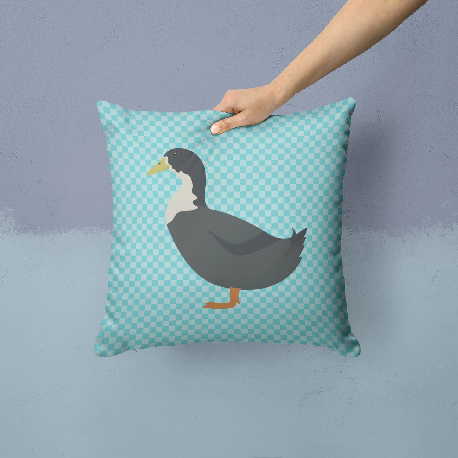 Blue Swedish Duck Blue Check Decorative Throw Pillow 14x14 Indoor Outdoor Accent Cushion, Fabric Cover with Insert for Sofa, Bed, Porch & Living Room