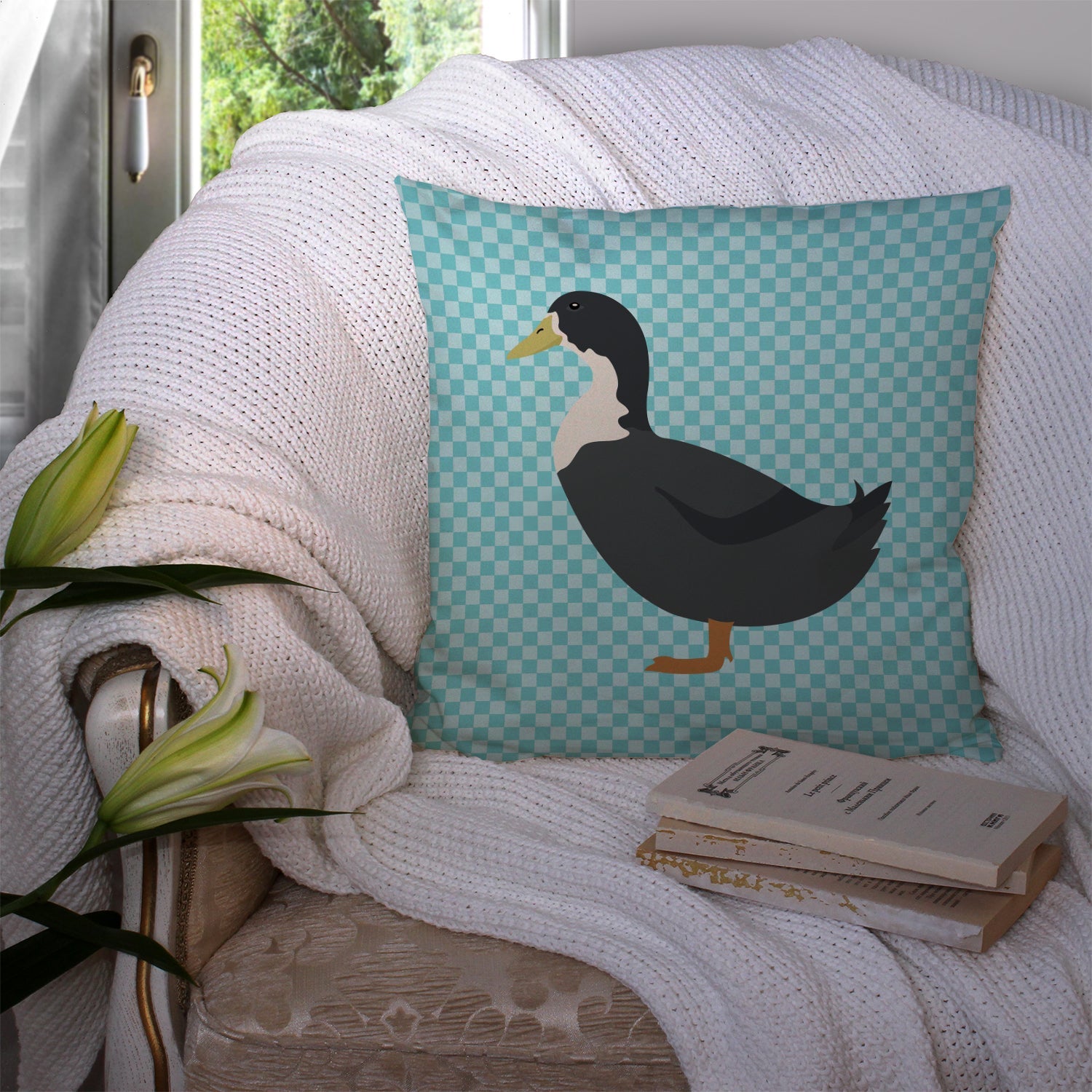 Blue Swedish Duck Blue Check Decorative Throw Pillow 14x14 Indoor Outdoor Accent Cushion, Fabric Cover with Insert for Sofa, Bed, Porch & Living Room