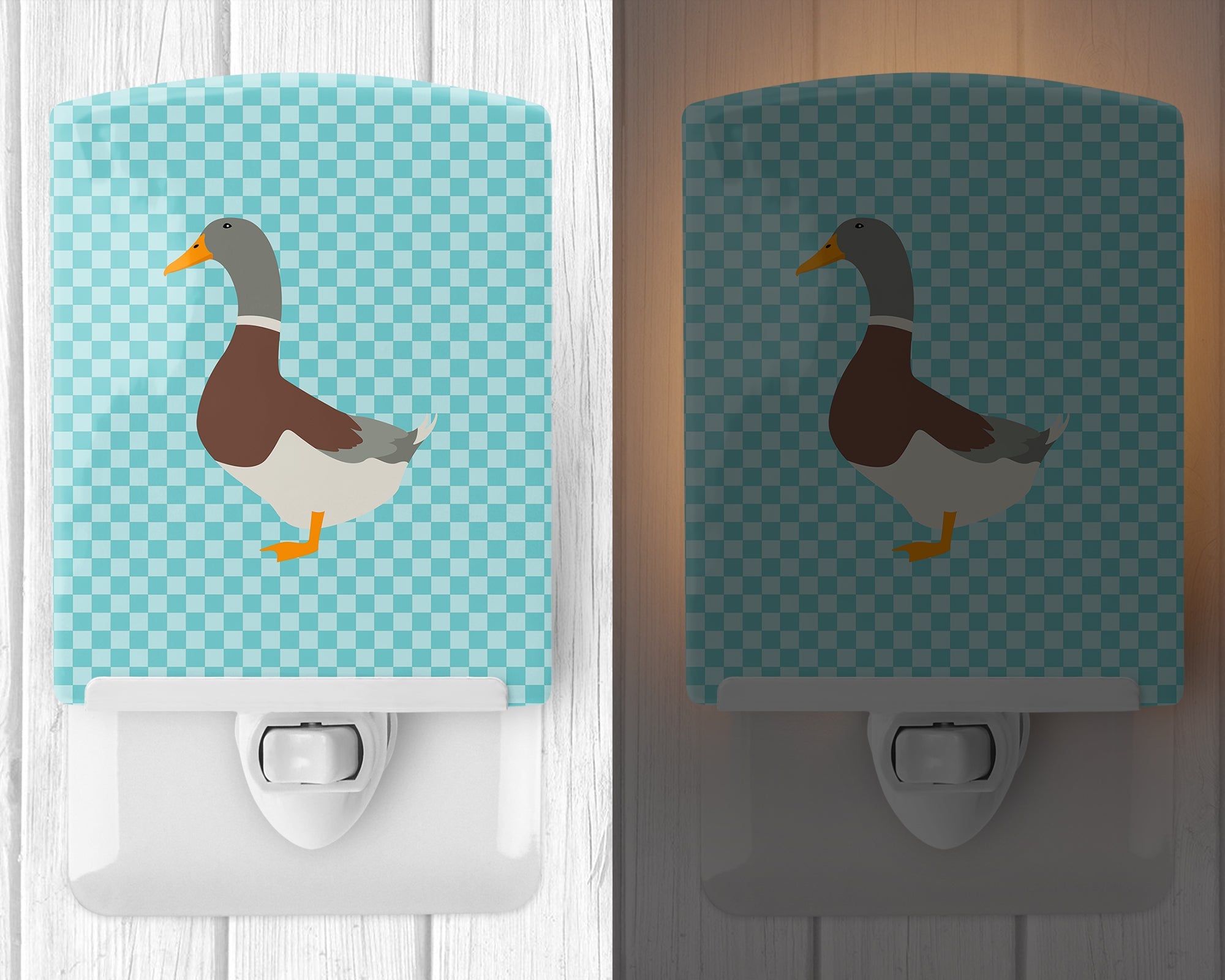 Saxony Sachsenente Duck Blue Check Ceramic Night Light Compact, UL-Certified, Ideal for Bedroom, Bathroom, Nursery, Hallway, Kitchen, 6x4x3, Multicolor