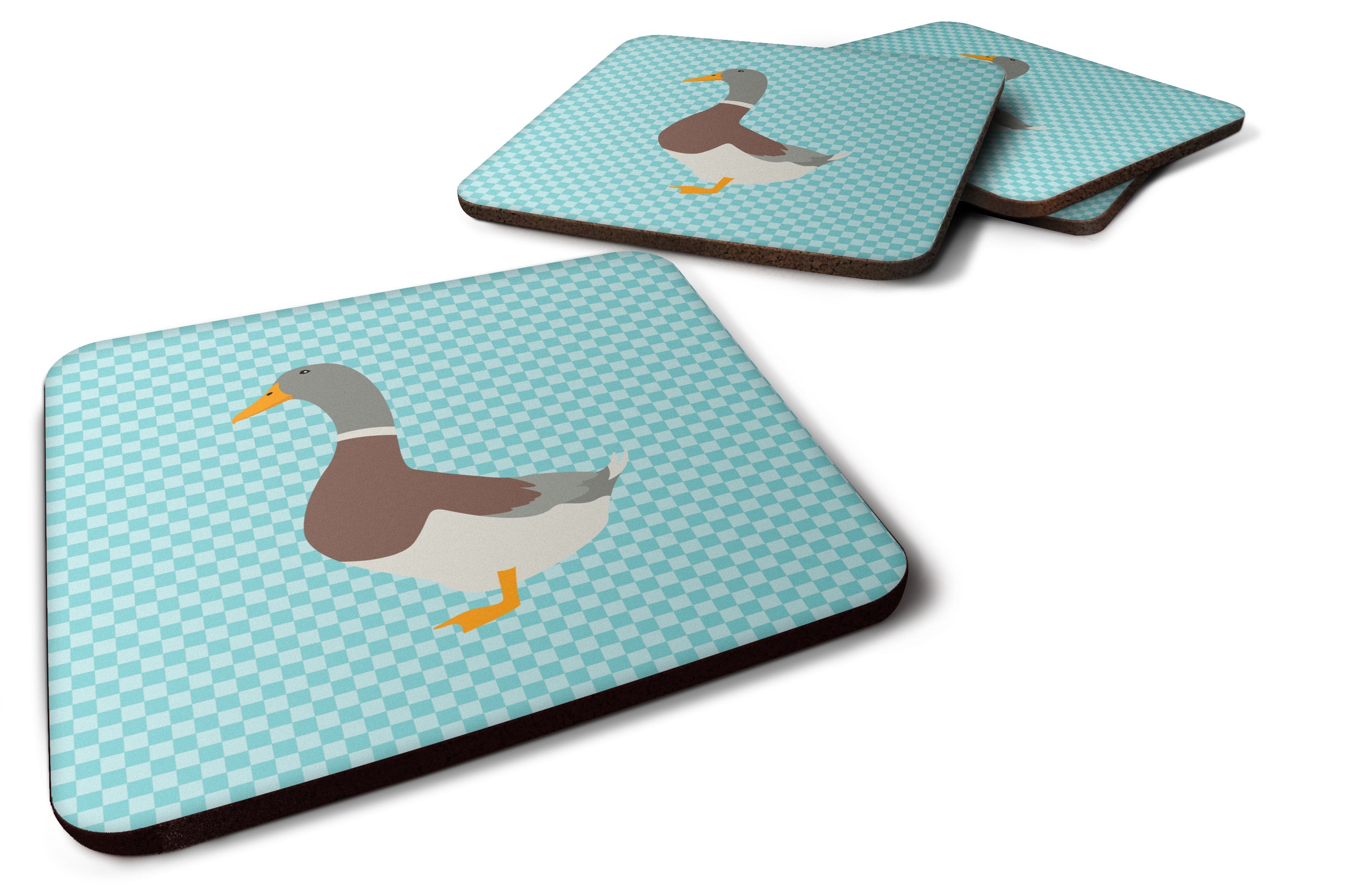 Saxony Sachsenente Duck Blue Check Foam Coasters Set of 4 Cup Coasters for Indoor Outdoor, Tabletop Protection, Anti Slip, Mouse pad Material