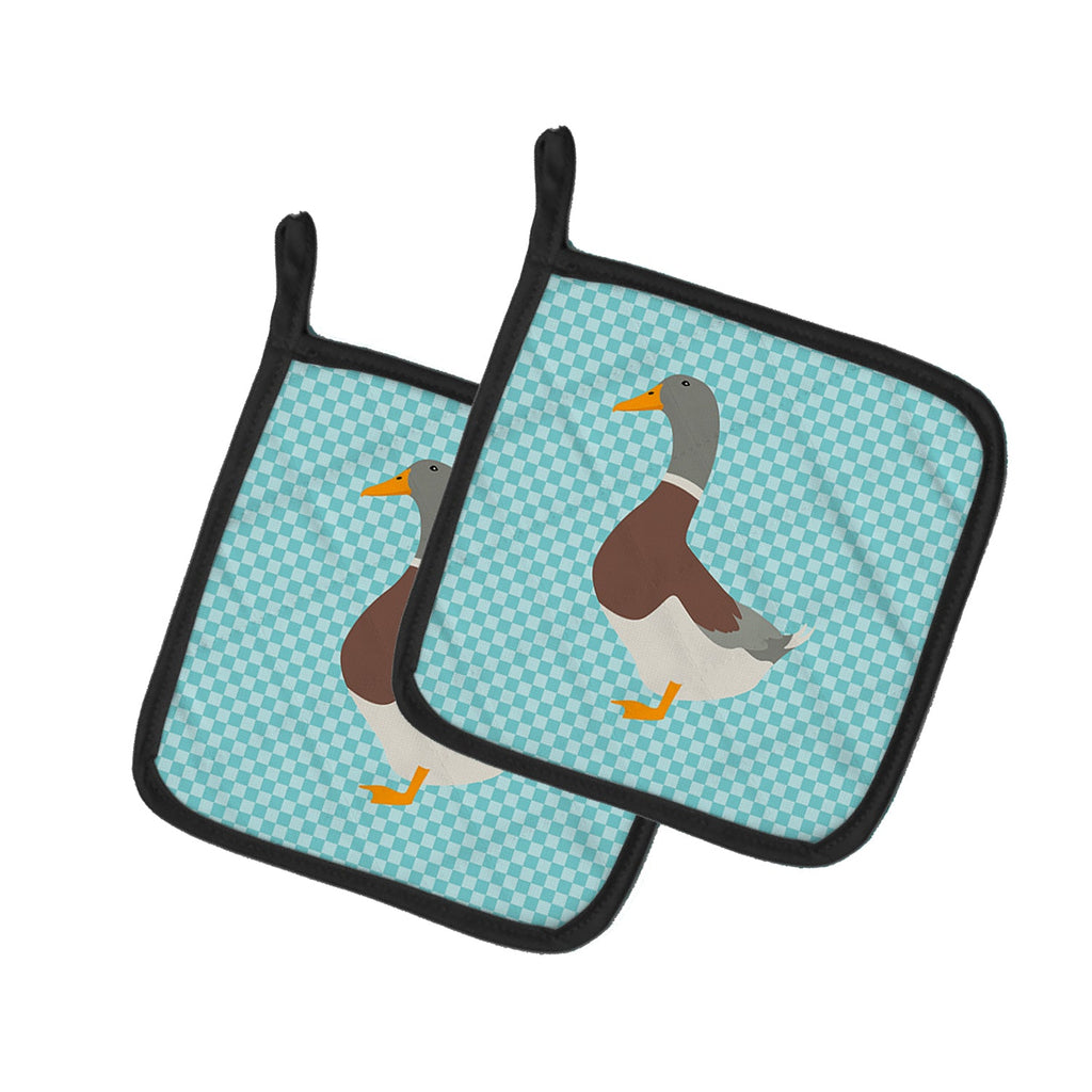 Saxony Sachsenente Duck Blue Check Pot Holder Set of 2 Heat Resistant Quilted Hot Pads 7.5 x 7.5 Inch, Insulated Kitchen Trivets for Cooking & Baking