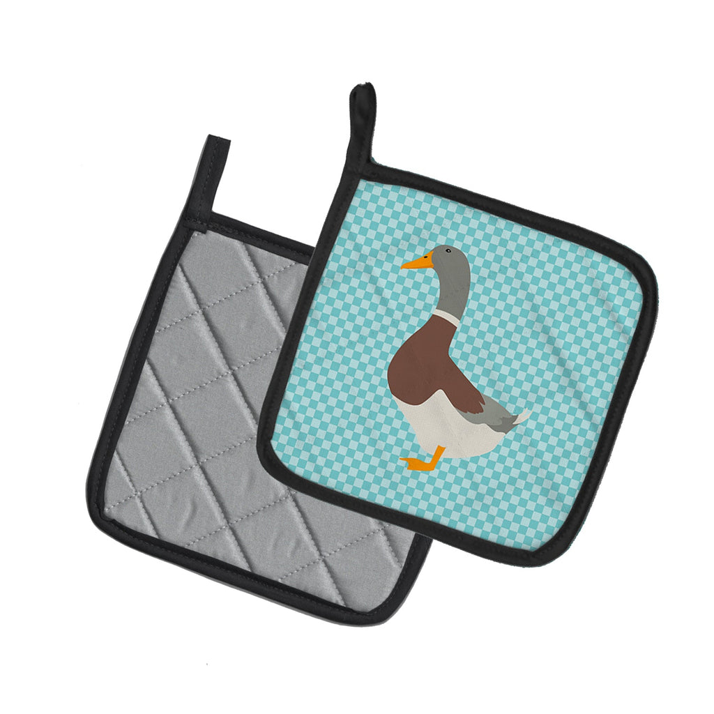 Saxony Sachsenente Duck Blue Check Pot Holder Set of 2 Heat Resistant Quilted Hot Pads 7.5 x 7.5 Inch, Insulated Kitchen Trivets for Cooking & Baking
