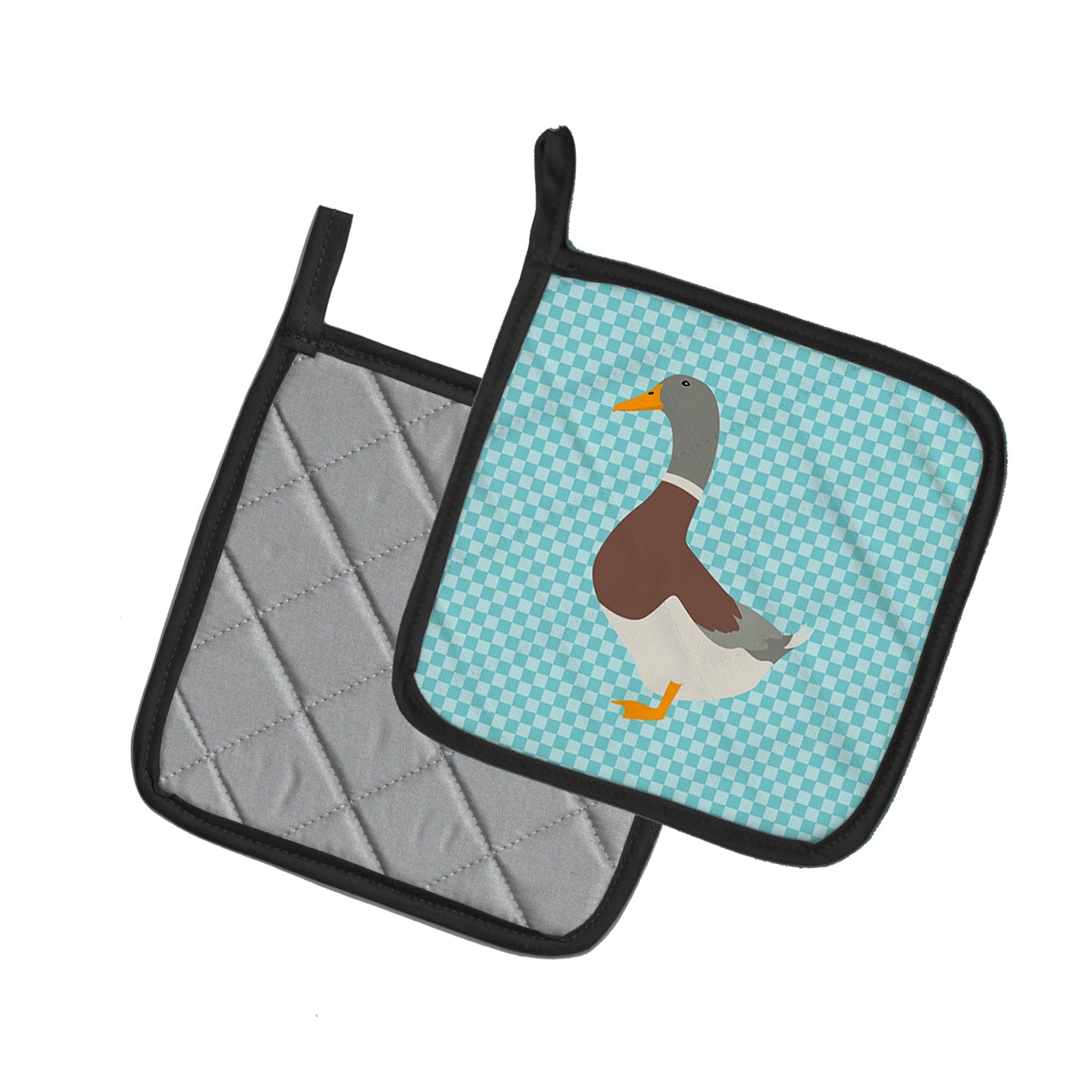 Saxony Sachsenente Duck Blue Check Pot Holder Set of 2 Heat Resistant Quilted Hot Pads 7.5 x 7.5 Inch, Insulated Kitchen Trivets for Cooking & Baking