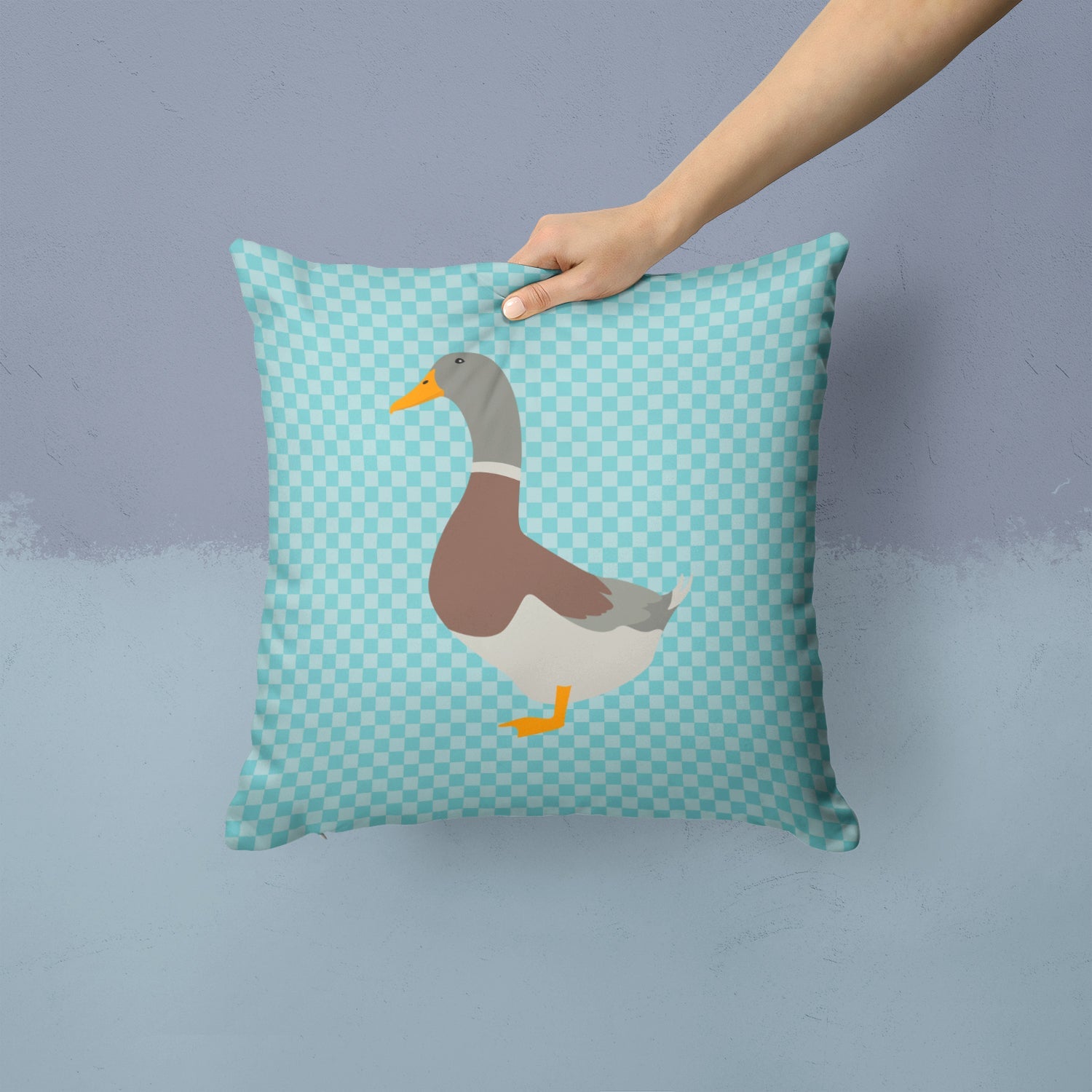 Saxony Sachsenente Duck Blue Check Decorative Throw Pillow 14x14 Indoor Outdoor Accent Cushion, Fabric Cover with Insert for Sofa, Bed, Porch & Living Room