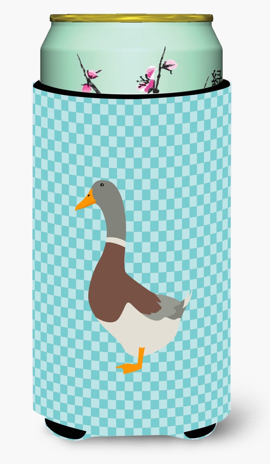 Saxony Sachsenente Duck Blue Check Tall Boy Hugger Can Cooler Sleeve Machine Washable Drink Collapsible Insulator Beverage Insulated Holder