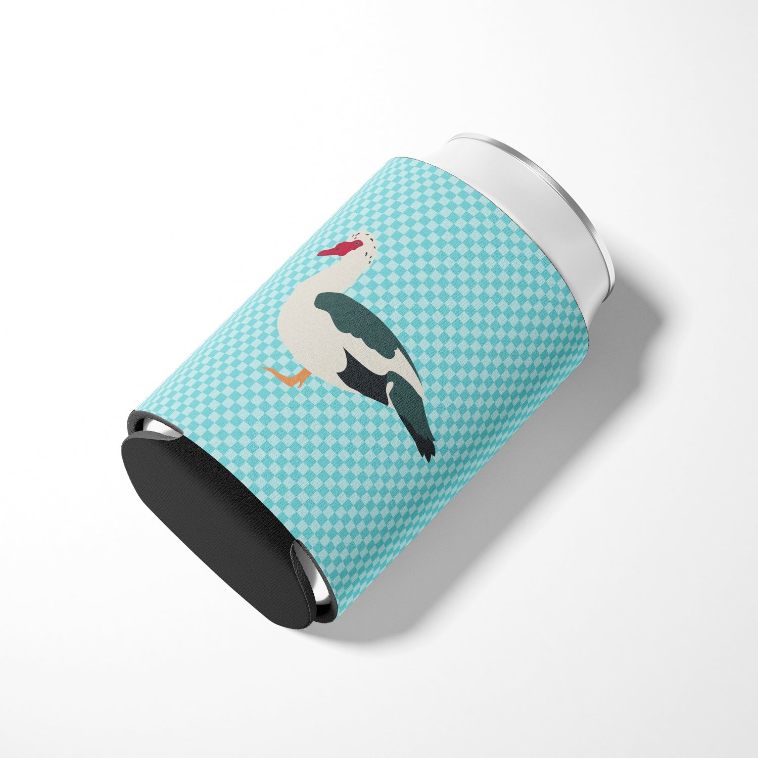 Muscovy Duck Blue Check Can or Bottle Hugger Cooler Sleeve for Standard 12 oz Cans, Insulated Foam Beer & Soda Can Hugger Reusable