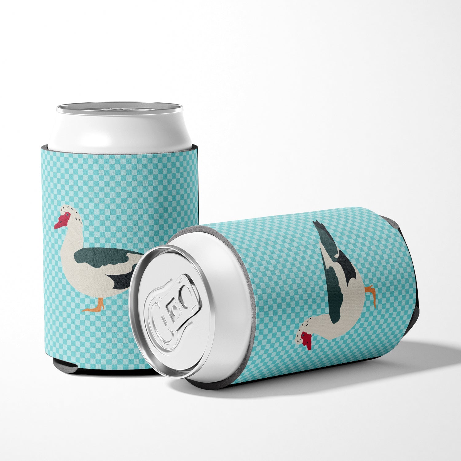 Muscovy Duck Blue Check Can or Bottle Hugger Cooler Sleeve for Standard 12 oz Cans, Insulated Foam Beer & Soda Can Hugger Reusable
