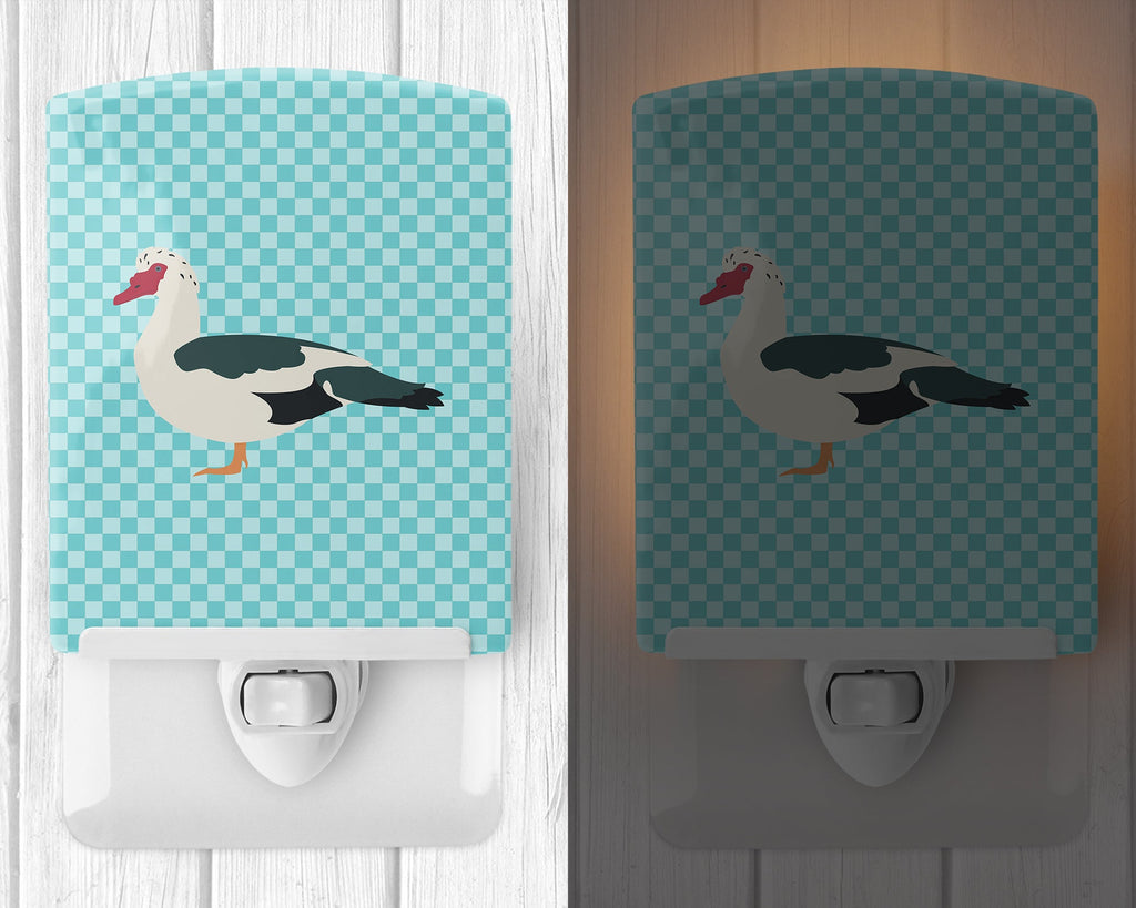 Muscovy Duck Blue Check Ceramic Night Light Compact, UL-Certified, Ideal for Bedroom, Bathroom, Nursery, Hallway, Kitchen, 6x4x3, Multicolor