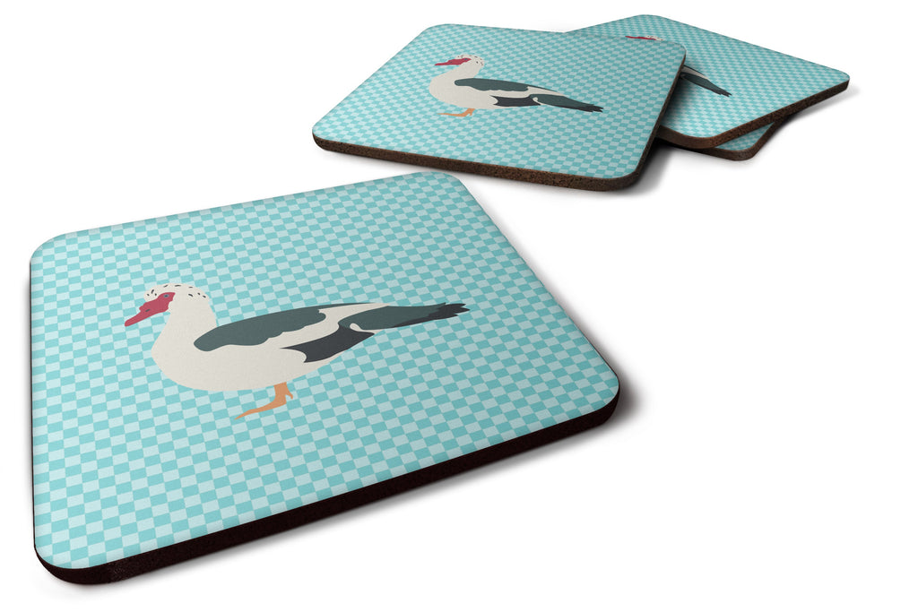 Muscovy Duck Blue Check Foam Coasters Set of 4 Cup Coasters for Indoor Outdoor, Tabletop Protection, Anti Slip, Mouse pad Material