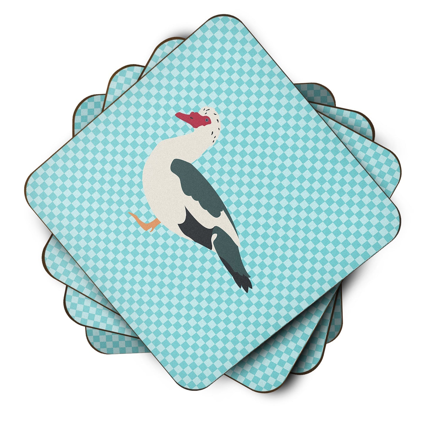 Muscovy Duck Blue Check Foam Coasters Set of 4 Cup Coasters for Indoor Outdoor, Tabletop Protection, Anti Slip, Mouse pad Material
