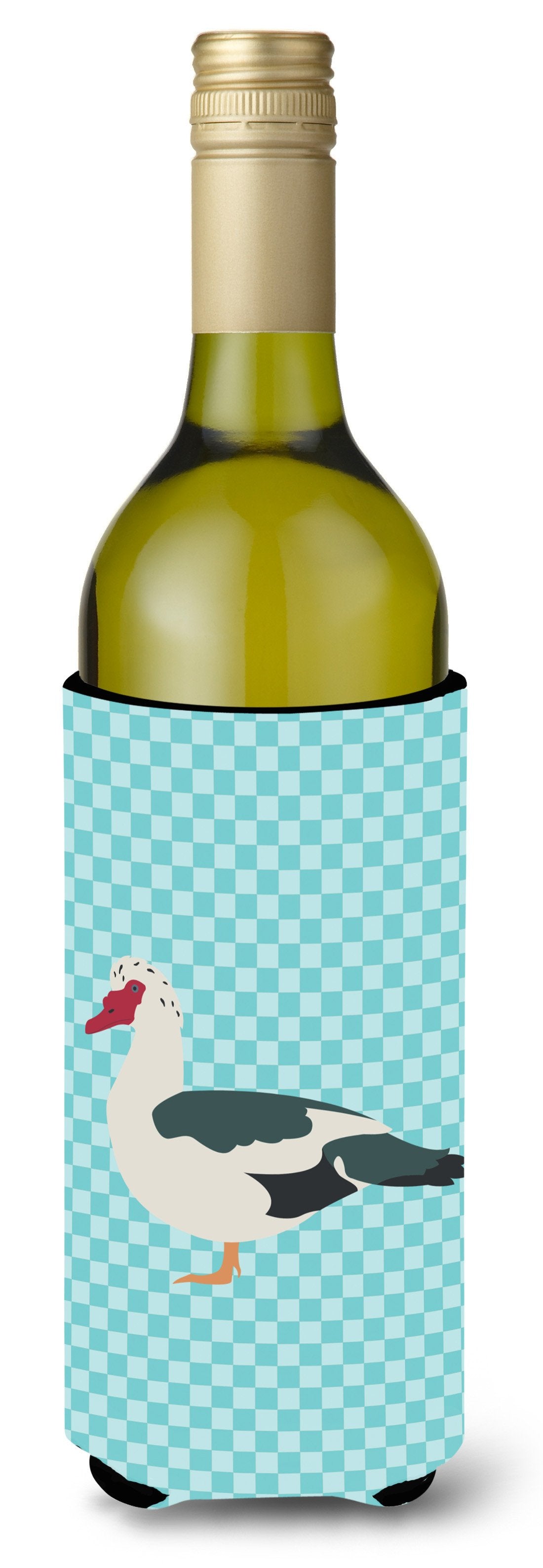 Muscovy Duck Blue Check Wine Bottle Hugger Gift Sleeve for Standard 750 ml Bottles, Insulated Reusable Also Fits Mini Shot & Pint Bottles