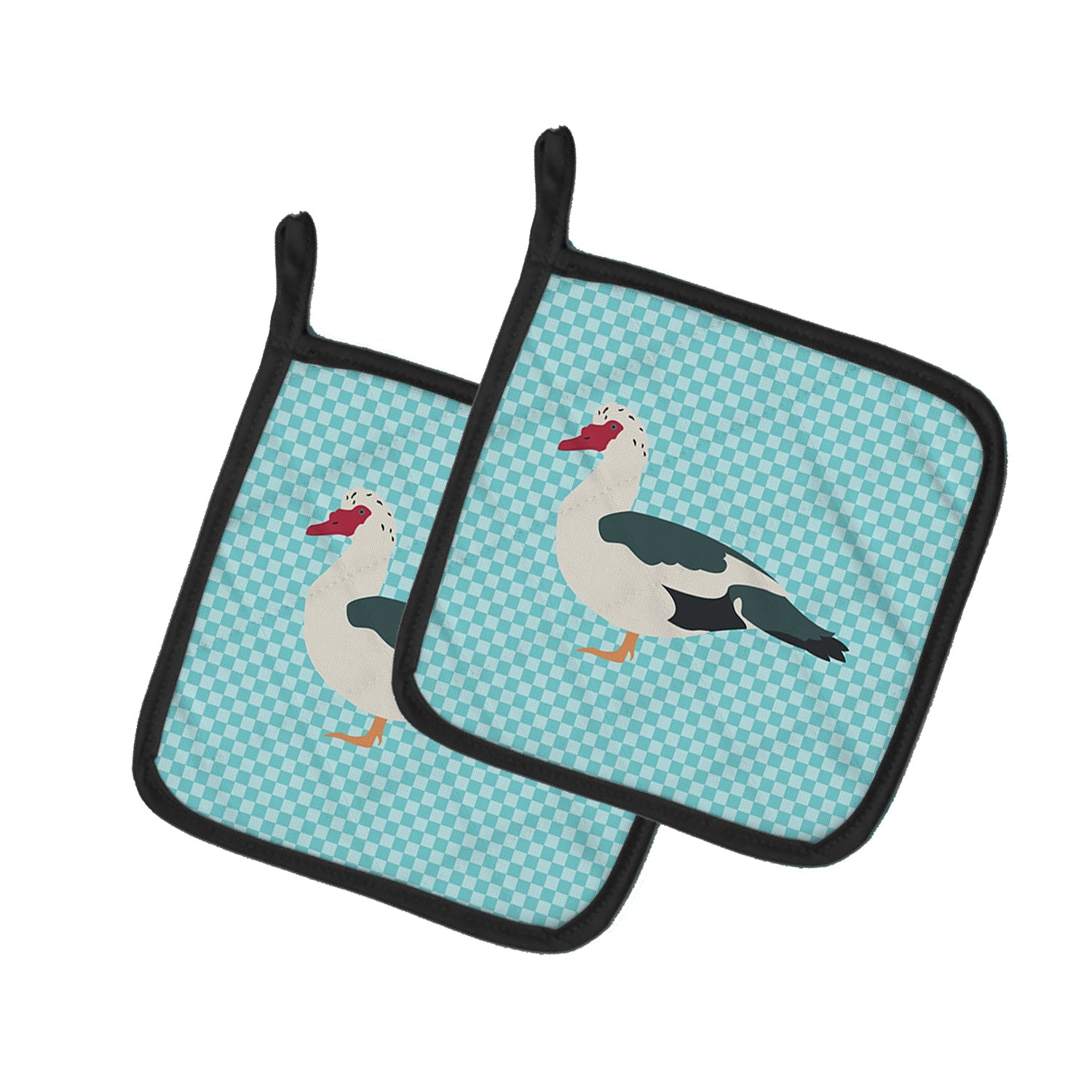 Muscovy Duck Blue Check Pot Holder Set of 2 Heat Resistant Quilted Hot Pads 7.5 x 7.5 Inch, Insulated Kitchen Trivets for Cooking & Baking