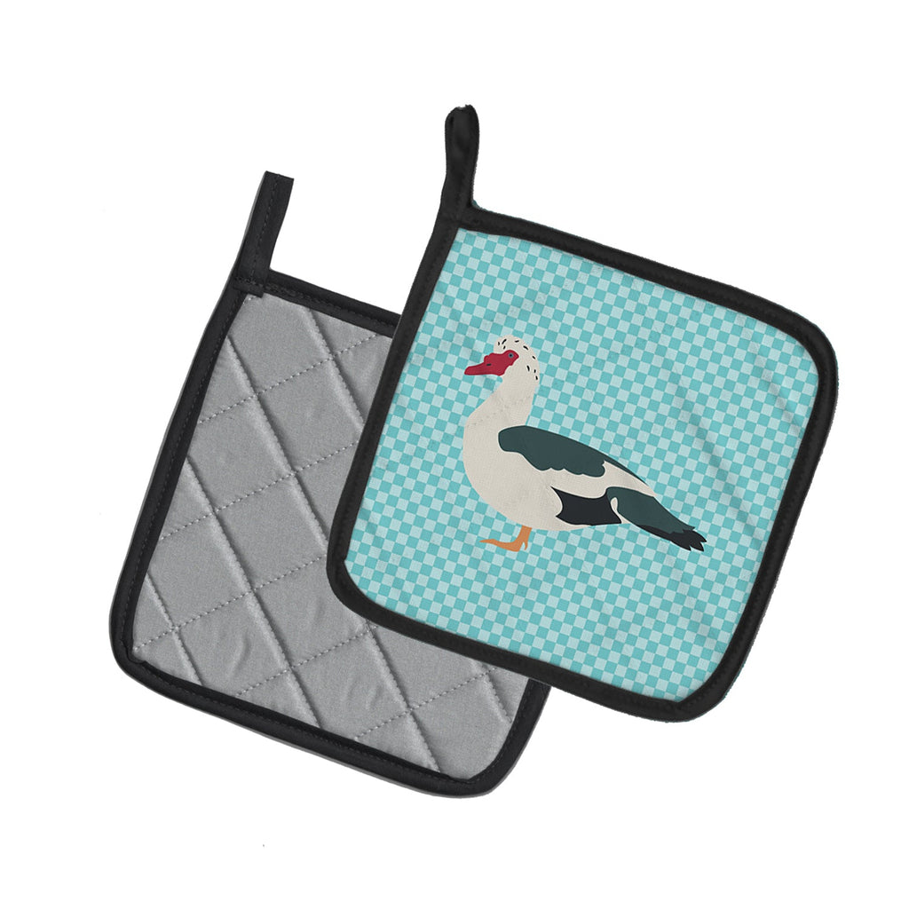 Muscovy Duck Blue Check Pot Holder Set of 2 Heat Resistant Quilted Hot Pads 7.5 x 7.5 Inch, Insulated Kitchen Trivets for Cooking & Baking