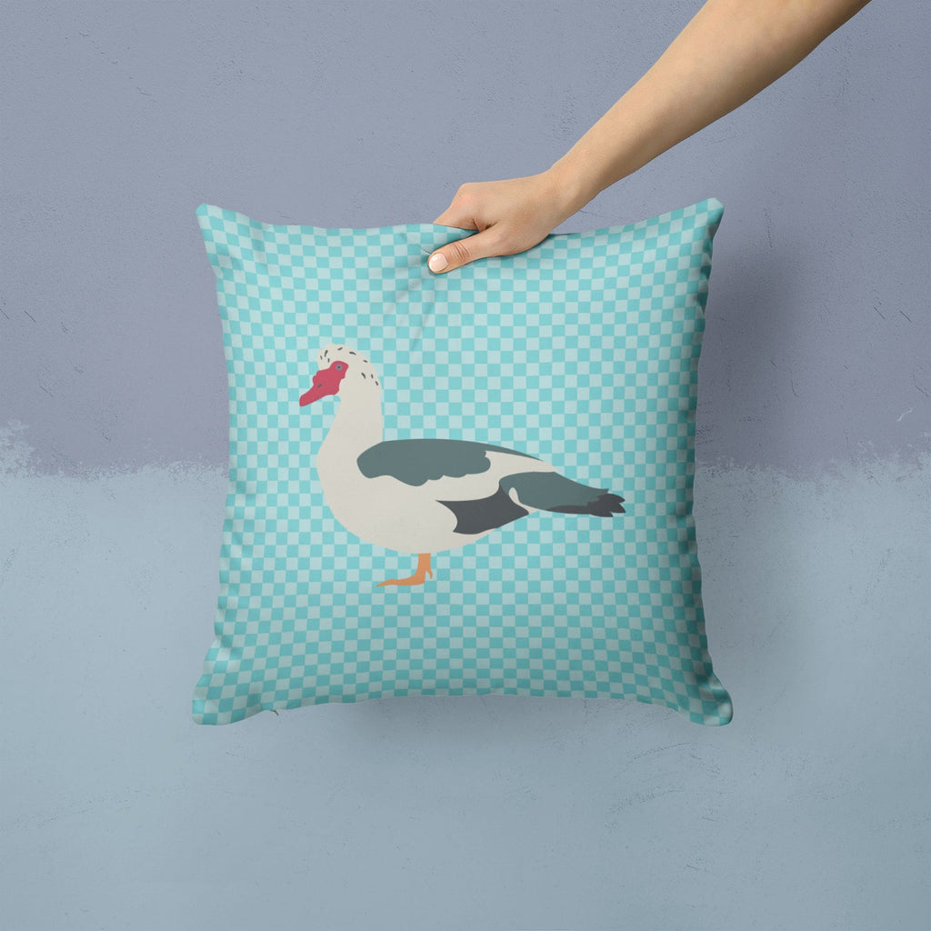 Muscovy Duck Blue Check Decorative Throw Pillow 14x14 Indoor Outdoor Accent Cushion, Fabric Cover with Insert for Sofa, Bed, Porch & Living Room