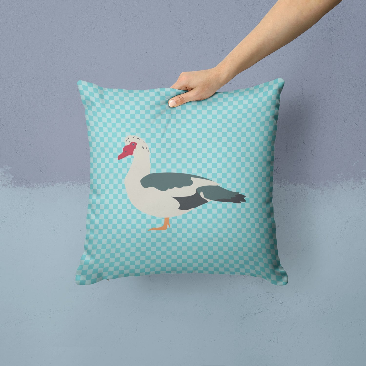 Muscovy Duck Blue Check Decorative Throw Pillow 14x14 Indoor Outdoor Accent Cushion, Fabric Cover with Insert for Sofa, Bed, Porch & Living Room