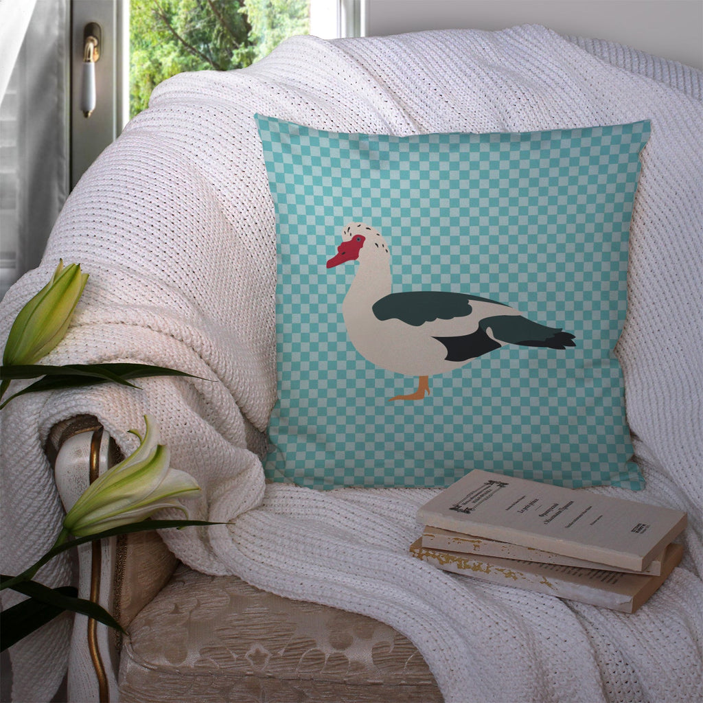 Muscovy Duck Blue Check Decorative Throw Pillow 14x14 Indoor Outdoor Accent Cushion, Fabric Cover with Insert for Sofa, Bed, Porch & Living Room