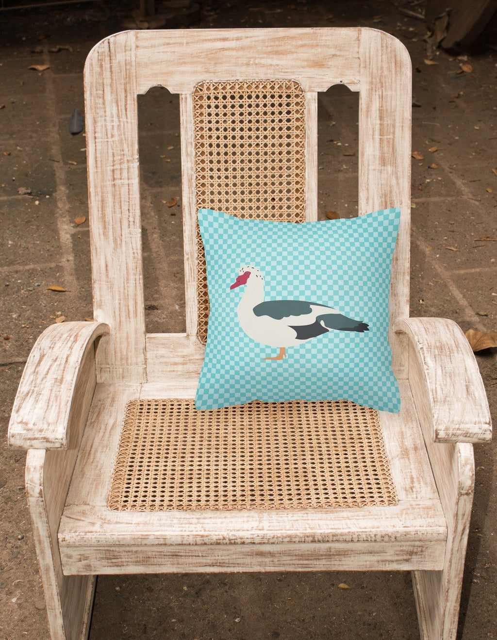 Muscovy Duck Blue Check Decorative Throw Pillow 18x18 Indoor Outdoor Accent Cushion, Fabric Cover with Insert for Sofa, Bed, Porch & Living Room